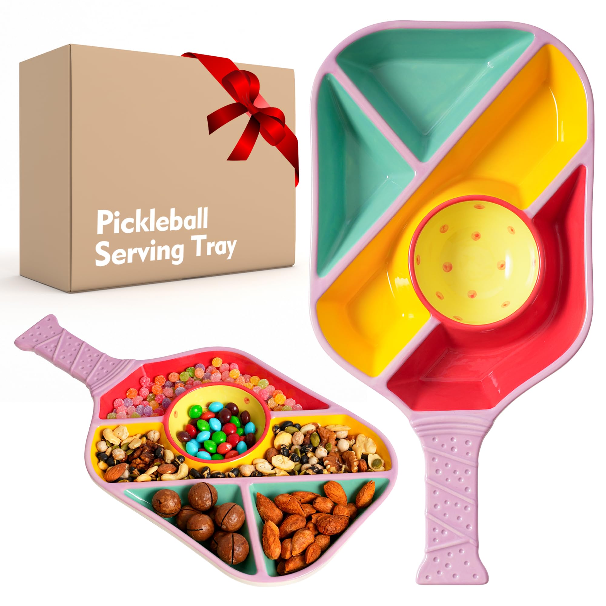 Payarma Pickleball Snack Serving Tray - Ceramic Bat Shaped Snack Platter with 5 Compartments & Dip Bowl - Fun Gift for Man & Wom