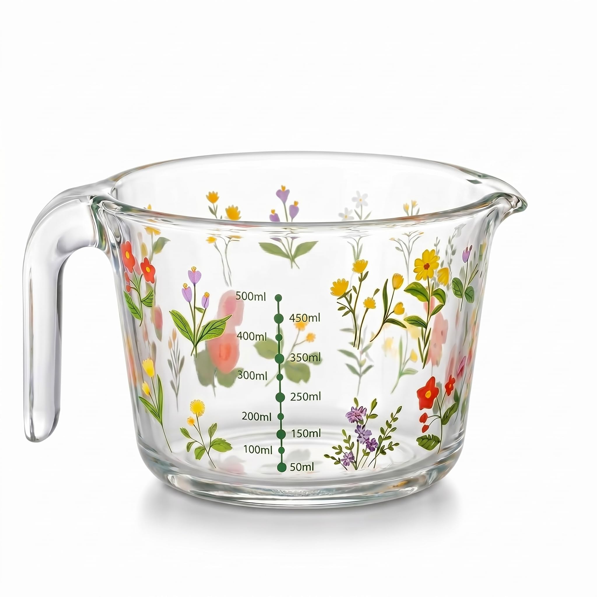 17 oz Flower Glass Measuring Cup Floral Measuring Cup with Handle Pouring Spout Clear Cute Milk Jug for Kitchen Baking Heat Resi
