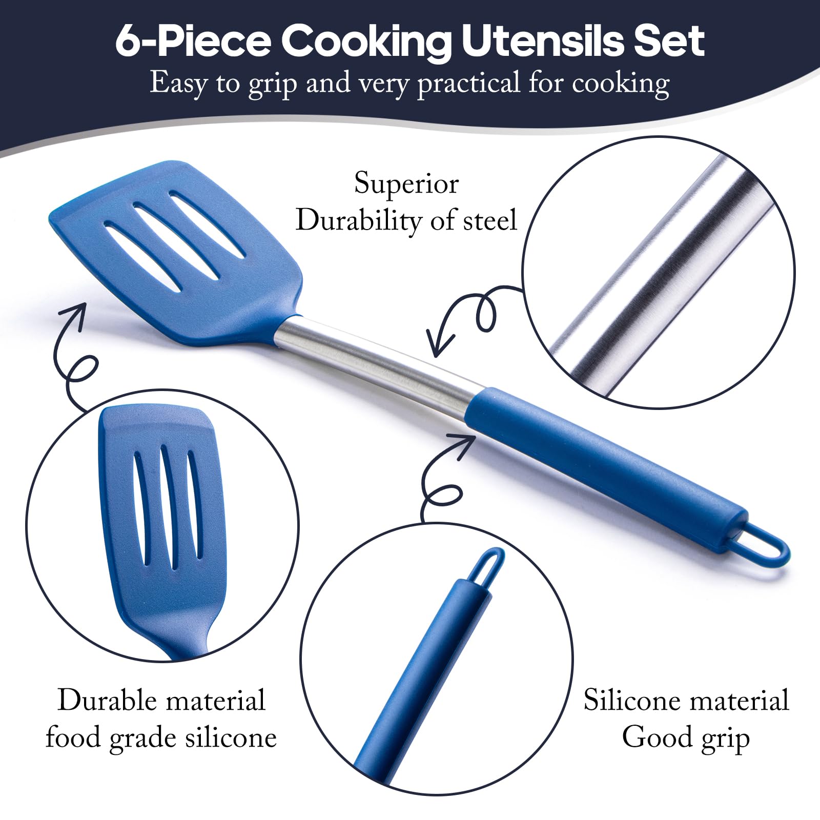 Silicone Kitchen Utensils Set - Culinary Couture 6-Pieces Blue Silicone Cooking Utensils Set For Nonstick Cookware - Stainless S