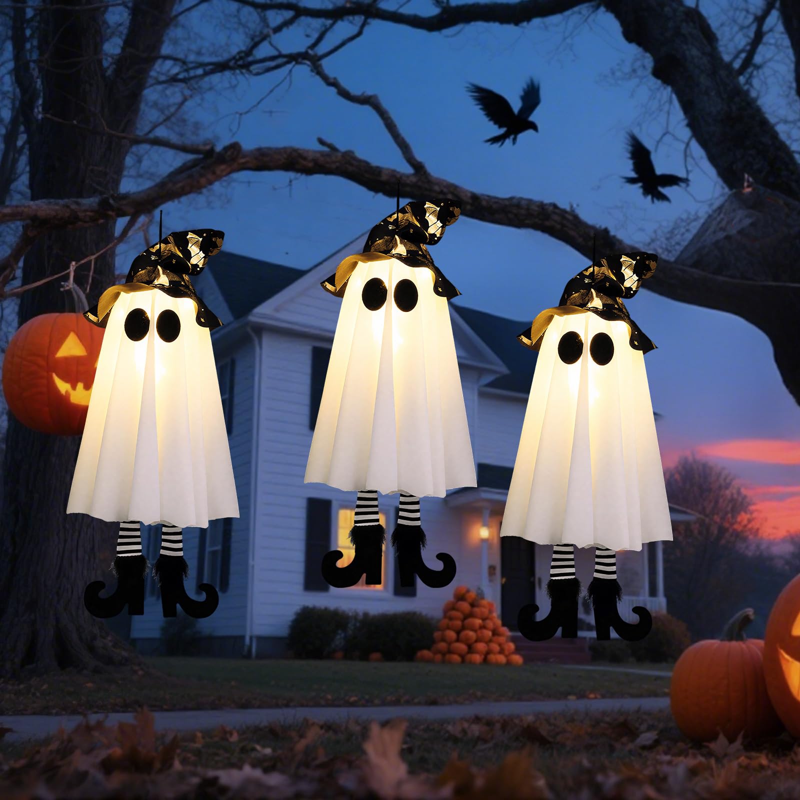 3 Packs Hanging Ghosts Halloween Decor, Halloween Decorations Outdoor with Witch Hat,Glowing Ghost Witch Hat Lights, Ghost Decor