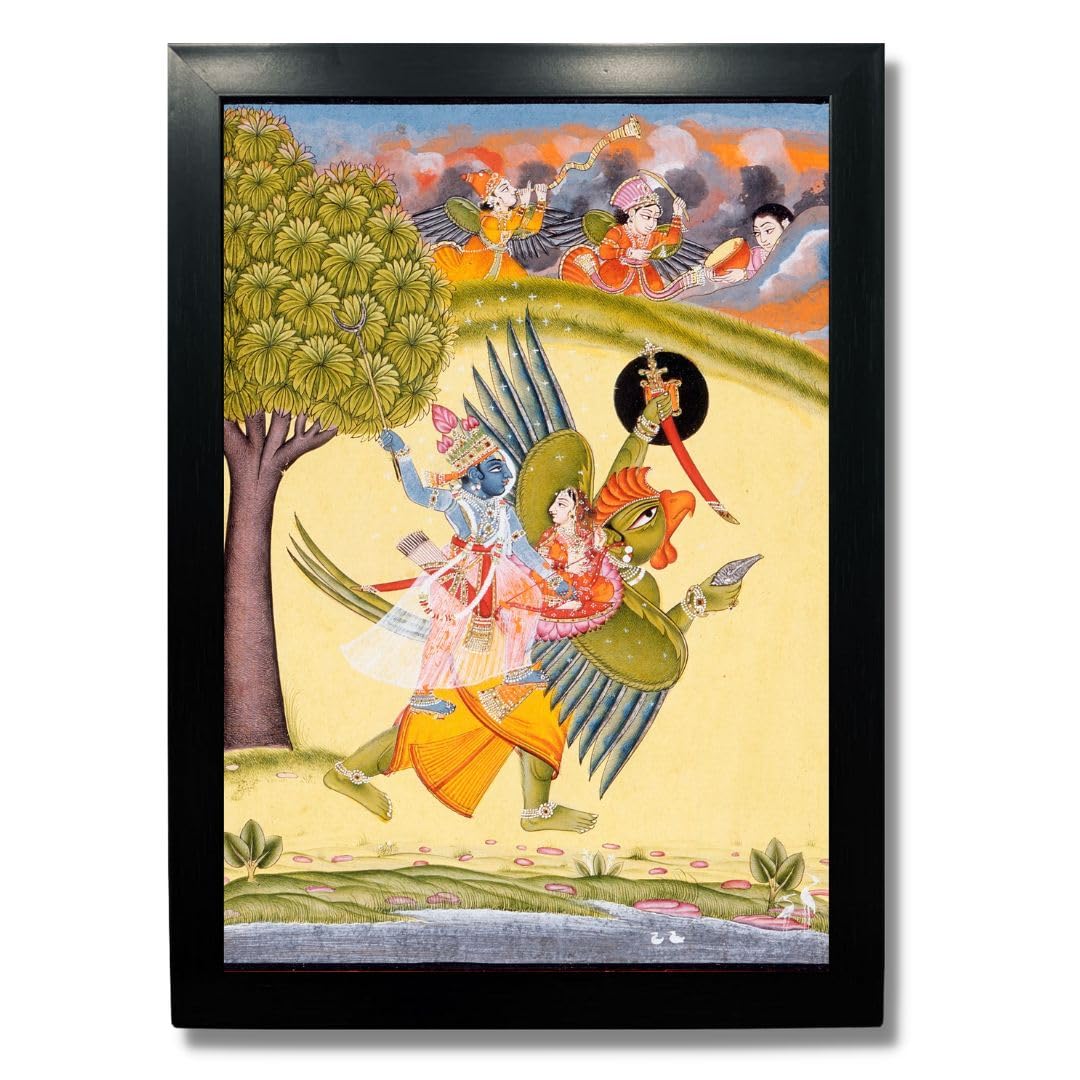 Kagaz Kala - Vintage Art Prints - Hindu God Photos With Frames For Pooja Room Bedroom Living Room Decor Gifts Framed (Vishnu, Ga