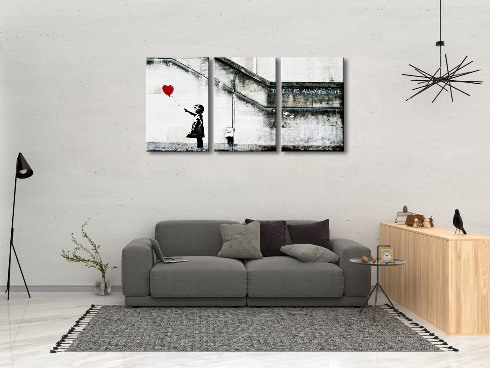Wieco Art Banksy Grafitti Girl With Red Balloon Modern 3 Piece Famous Canvas Paintings Wall Art Inspirational Grey Love Pictures