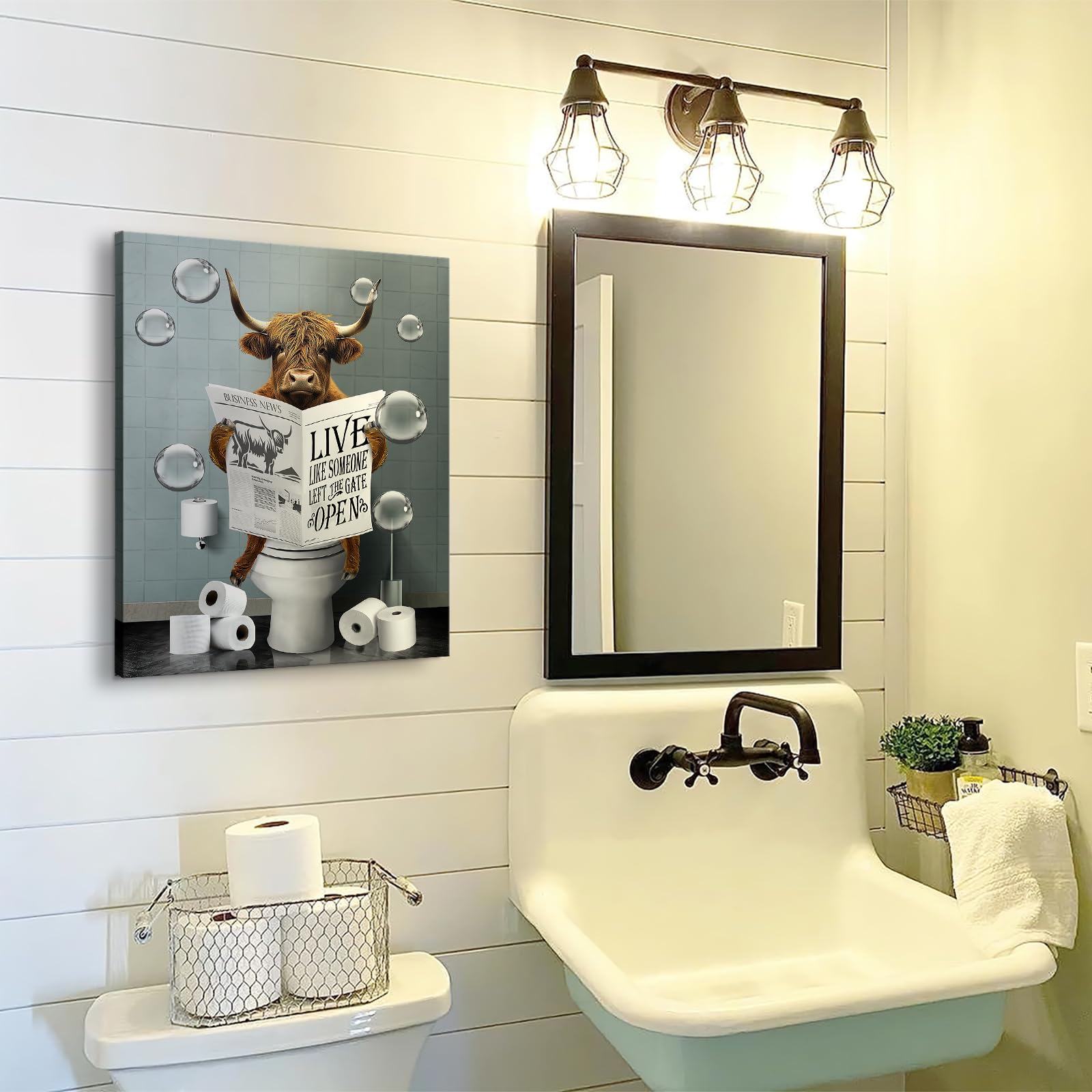 Funny Highland Cow In Toilet Wall Art Bathroom Pictures Wall Decor Farmhouse Bathroom Cow Painting For Toilet Bathroom Animals A