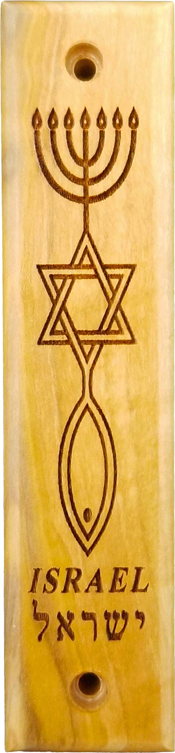 Olive Wood Mezuzah with Scroll, Messianic Symbol - Menorah, Star, & Fish, Made in Israel, Religious Home D  cor for Door & Wall,