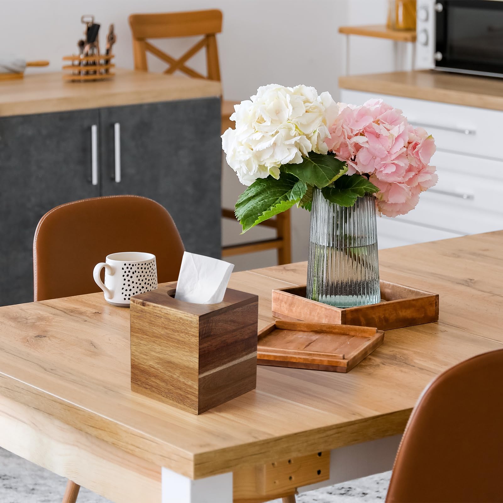 Alelion Tissue Box Cover Square - Acacia Wood Tissue Box Holder For Tabletop Night Stands Bathroom Office - Decorative Facial Cu