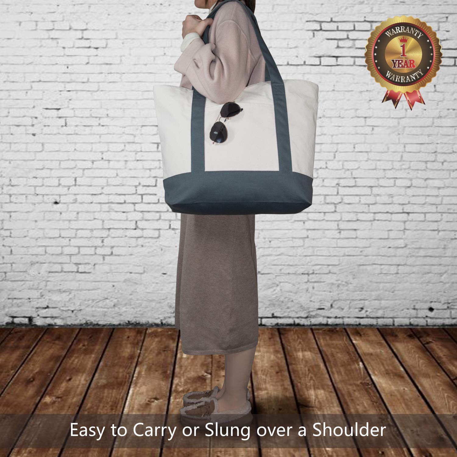 Topdesign Stylish Canvas Tote Bag With An External Pocket, Top Zipper Closure, Daily Essentials (Grey/Natural)