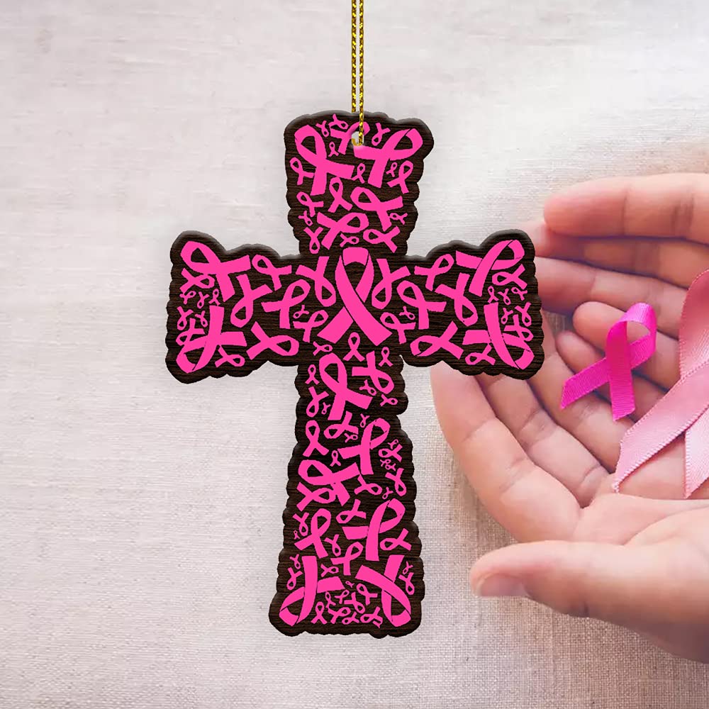 WODORO Breast Cancer Christmas Ornament Tree Decorations 2D Flat, Car Hanging Accessories, Christian Cross Pink Ribbon Breast Ca