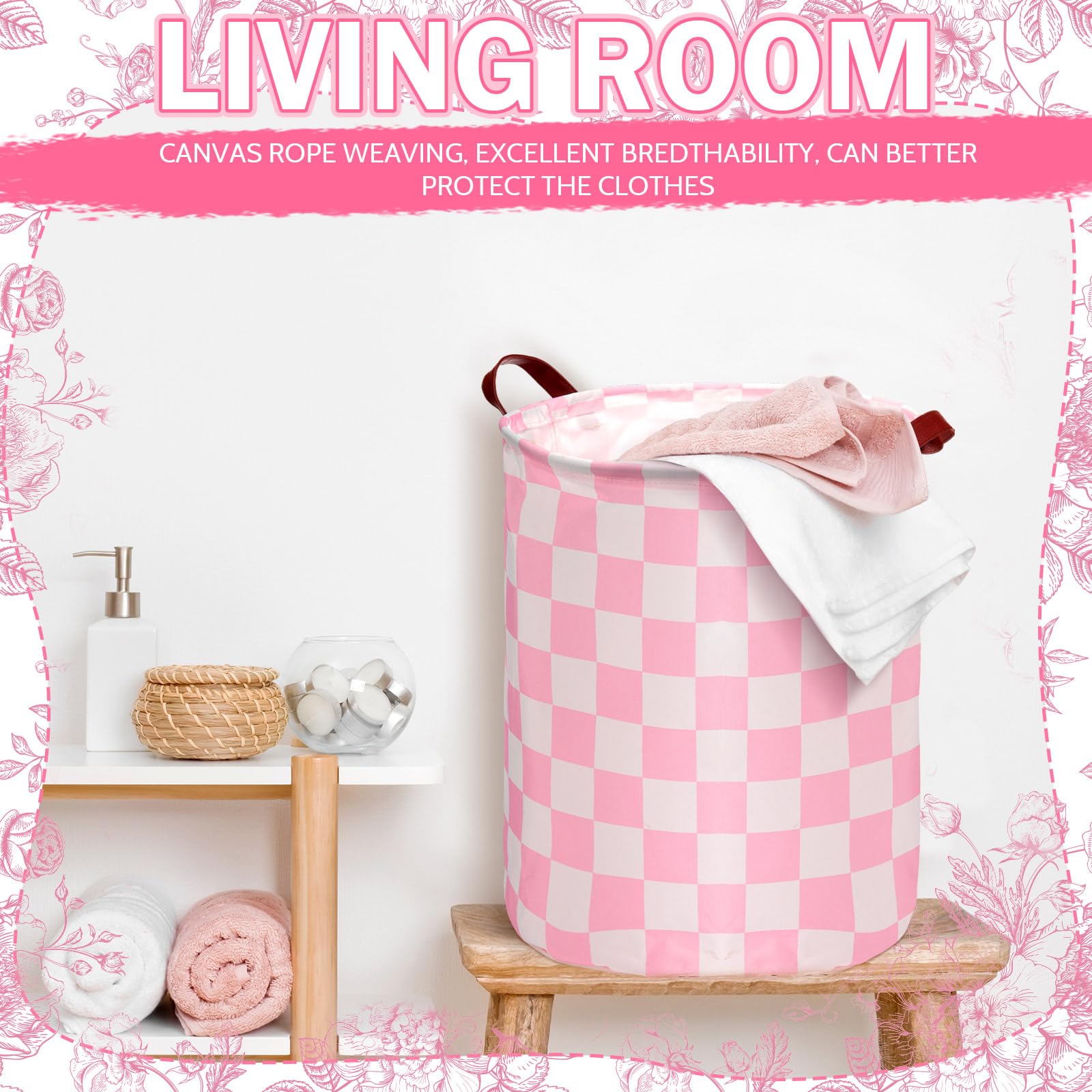 Croblissful 2 Pcs Pink Gingham Laundry Basket Checked Storage Basket For Girls Nursery Hamper With Handles Foldable Waterproof C