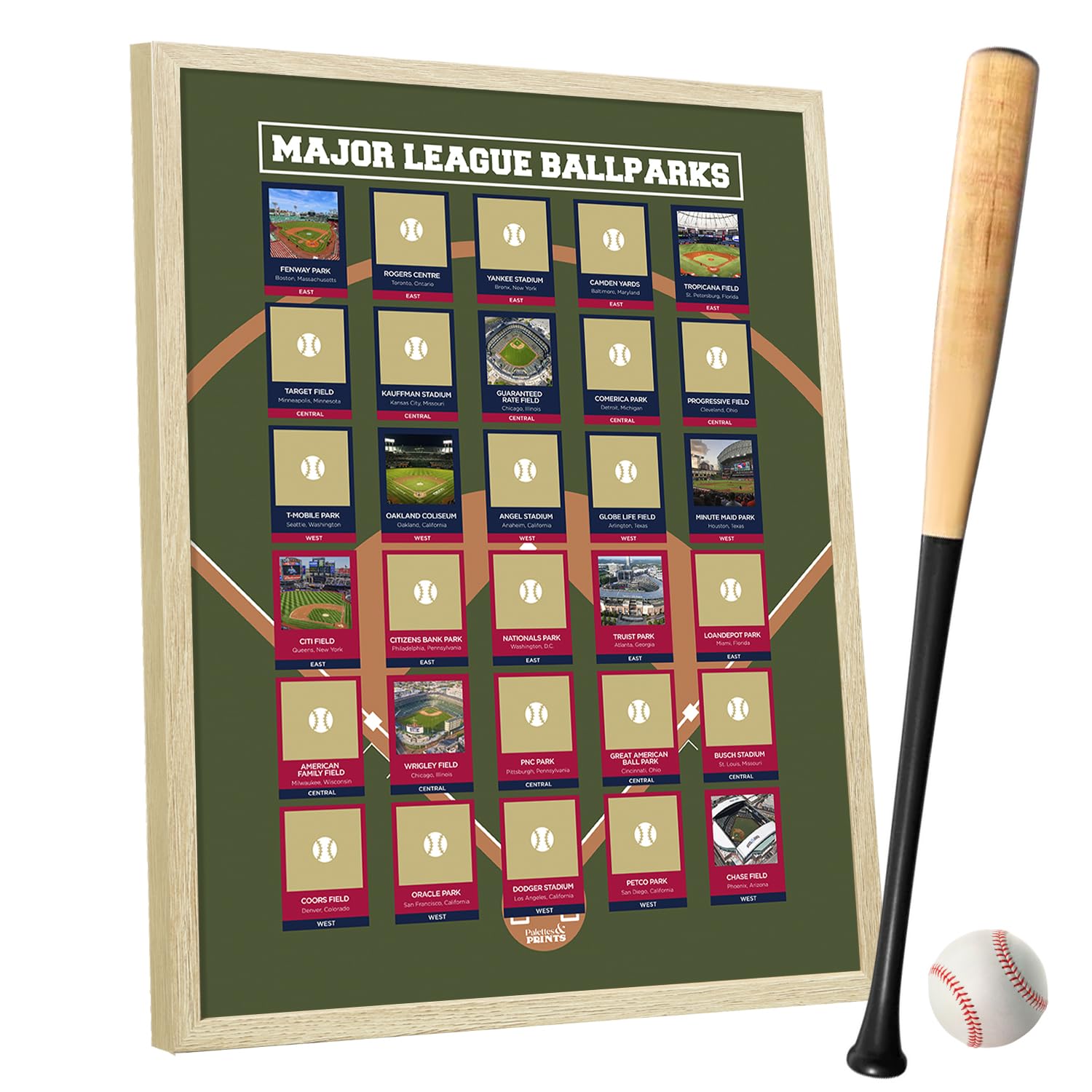 Palettes And Prints Baseball Stadiums Scratch Off Poster Framed