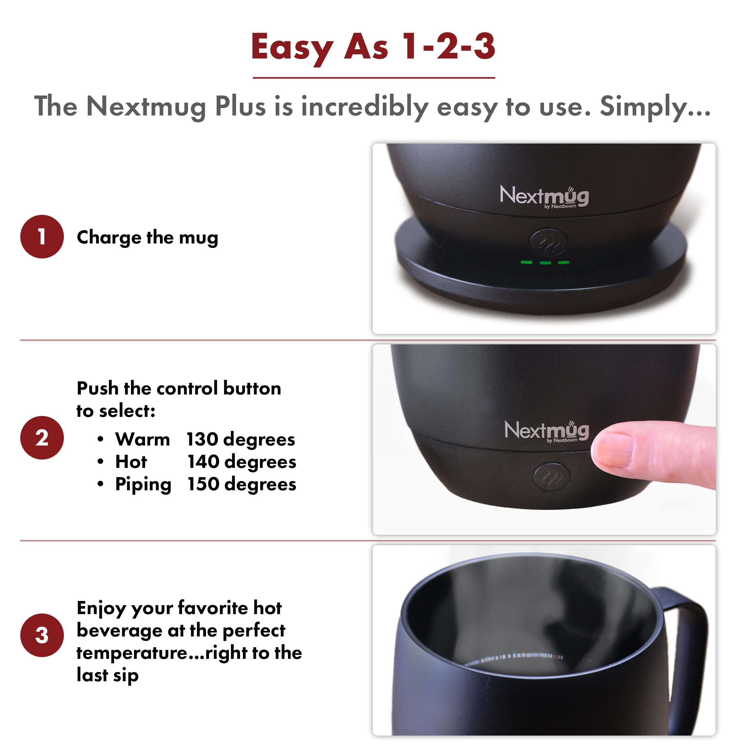 Nextmug Plus - Temperature-Controlled, Self-Heating Coffee Mug (Black - 18 Oz.)