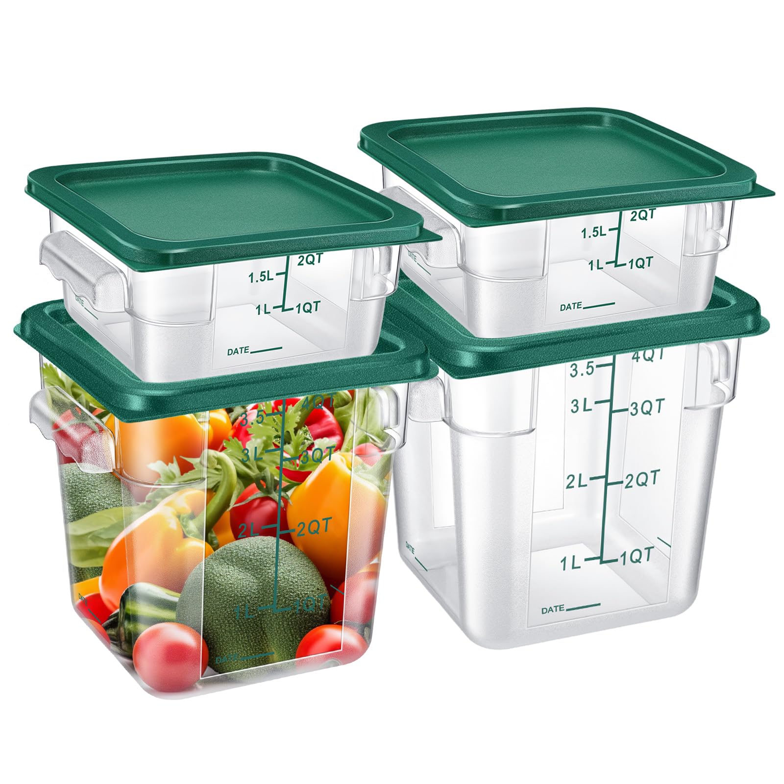Barydat 4 Pcs Square Food Storage Containers with Lids Measurement Scales, 2qt & 4qt Clear Plastic Stackable Containers for Doug