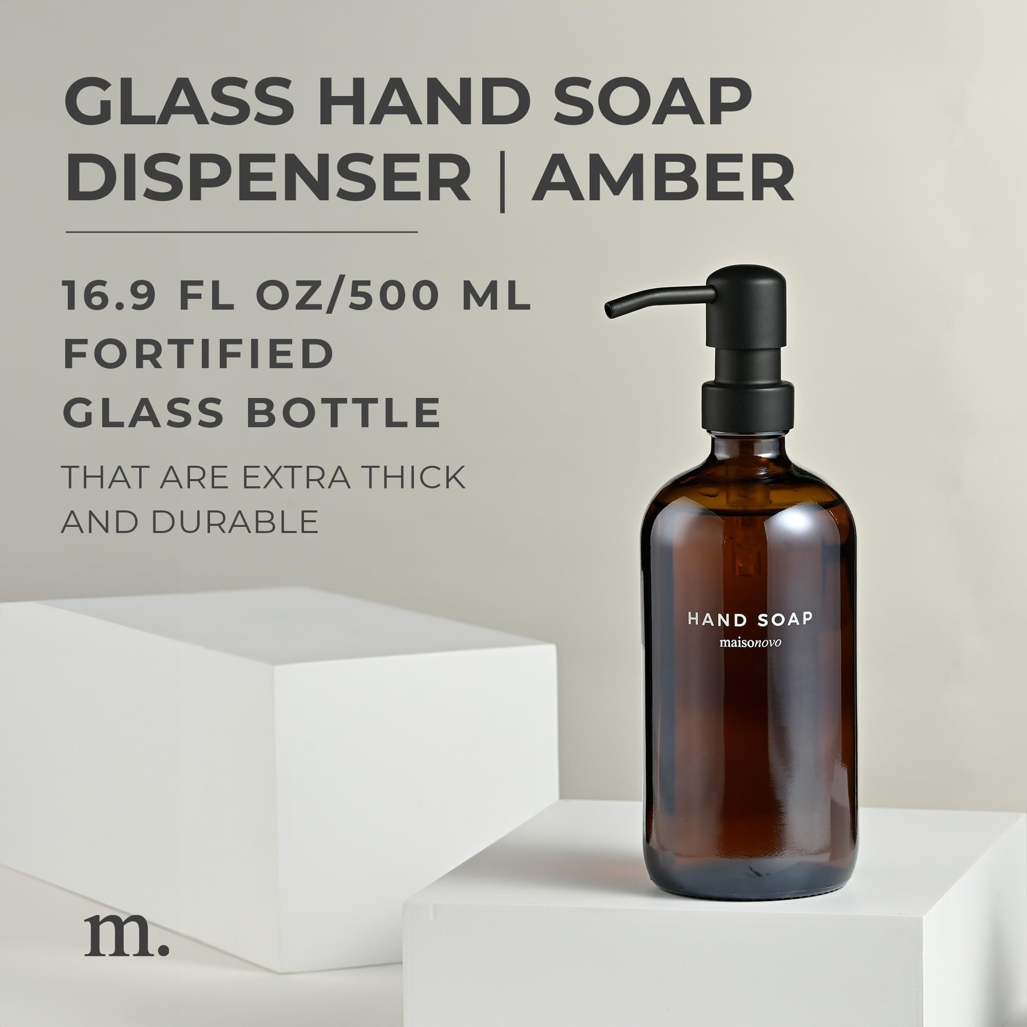 Maisonovo Hand Soap Dispenser For Bathroom | 16.9 Fl Oz Amber Glass Black Pump X 1