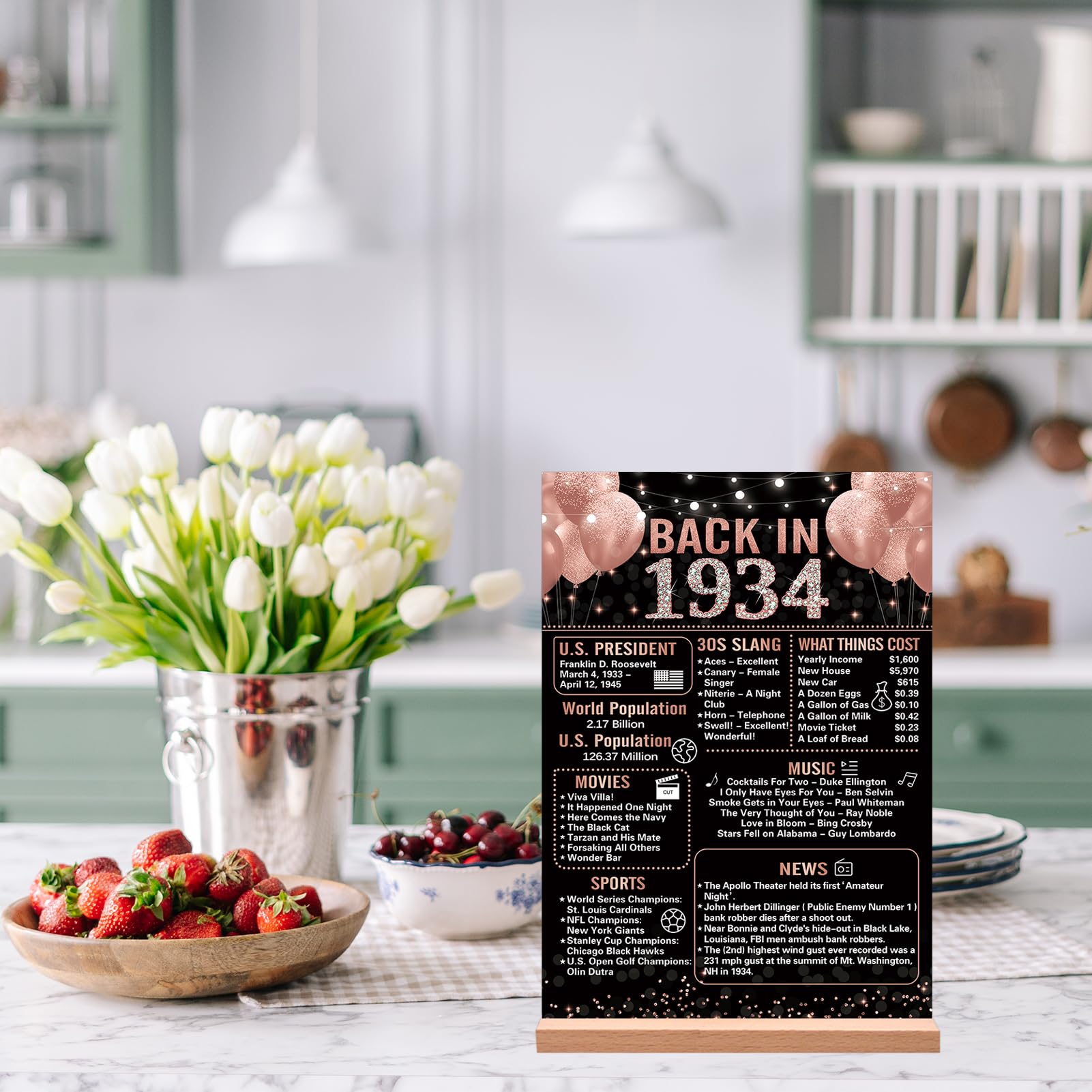 Trgowaul 90Th Birthday Anniversary Decorations For Women, Rose Gold Back In 1934 Birthday Poster Acrylic Table Sign With Stand,