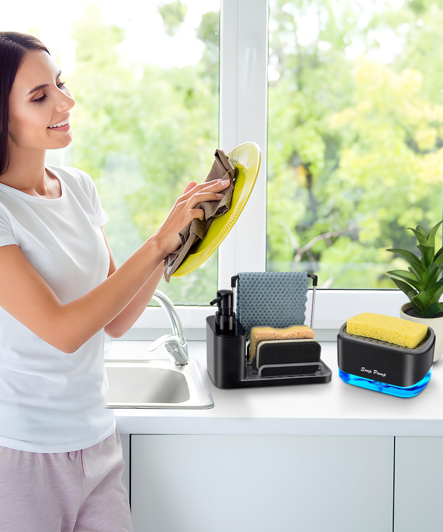 Hand And Dish Soap Dispenser Set With Tray, Dual Soap Dispenser With Sponge Holder And Dishcloth Holder 5-In-1 Organizer For Kit