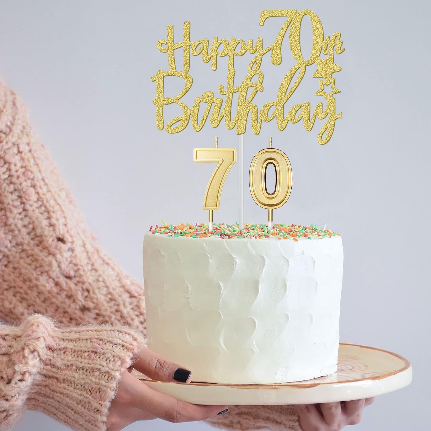 70Th Birthday Decorations For Women Gold With 70Th Birthday Sash And Tiara, 70Th Birthday Cake Topper And Birthday 70 Candles, B