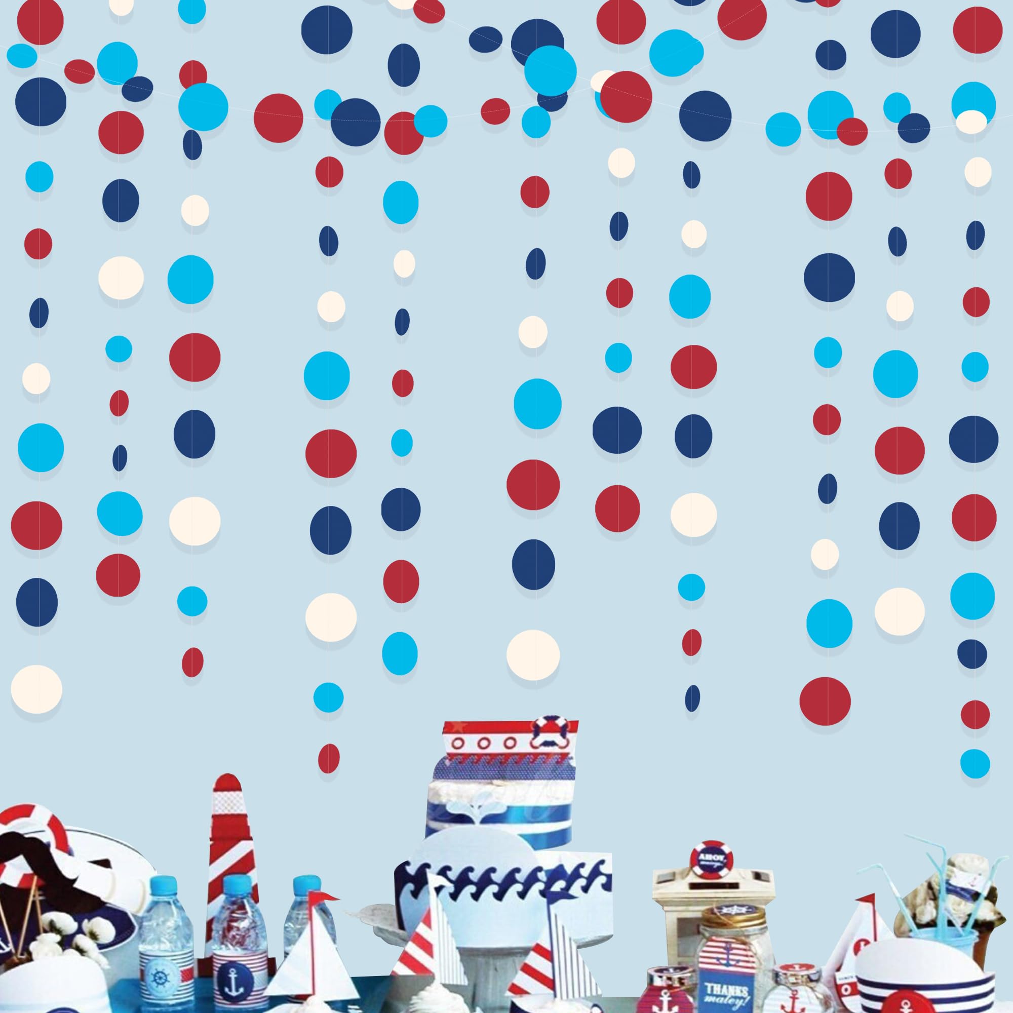 Nautical Party Decorations Circle Dot Garland Navy Blue Red White Hanging Paper Polka Dot Streamer For Nautical Pirate Ahoy Acho