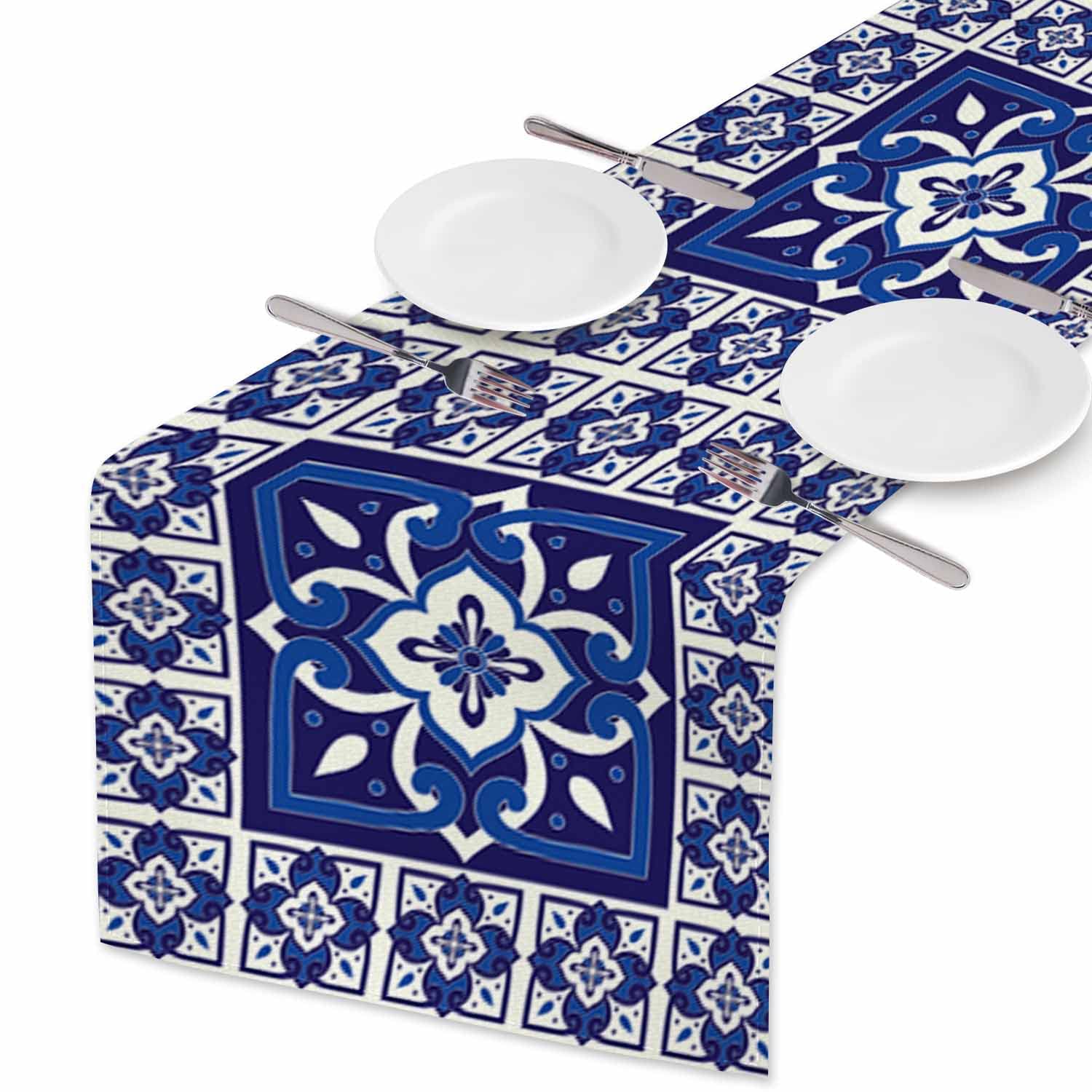 Hosnye Table Runner Blue Portuguese Tile Pattern,Cotton Linen Table Runner Decoration For Kitchen Family Dinner Table Holiday Pa