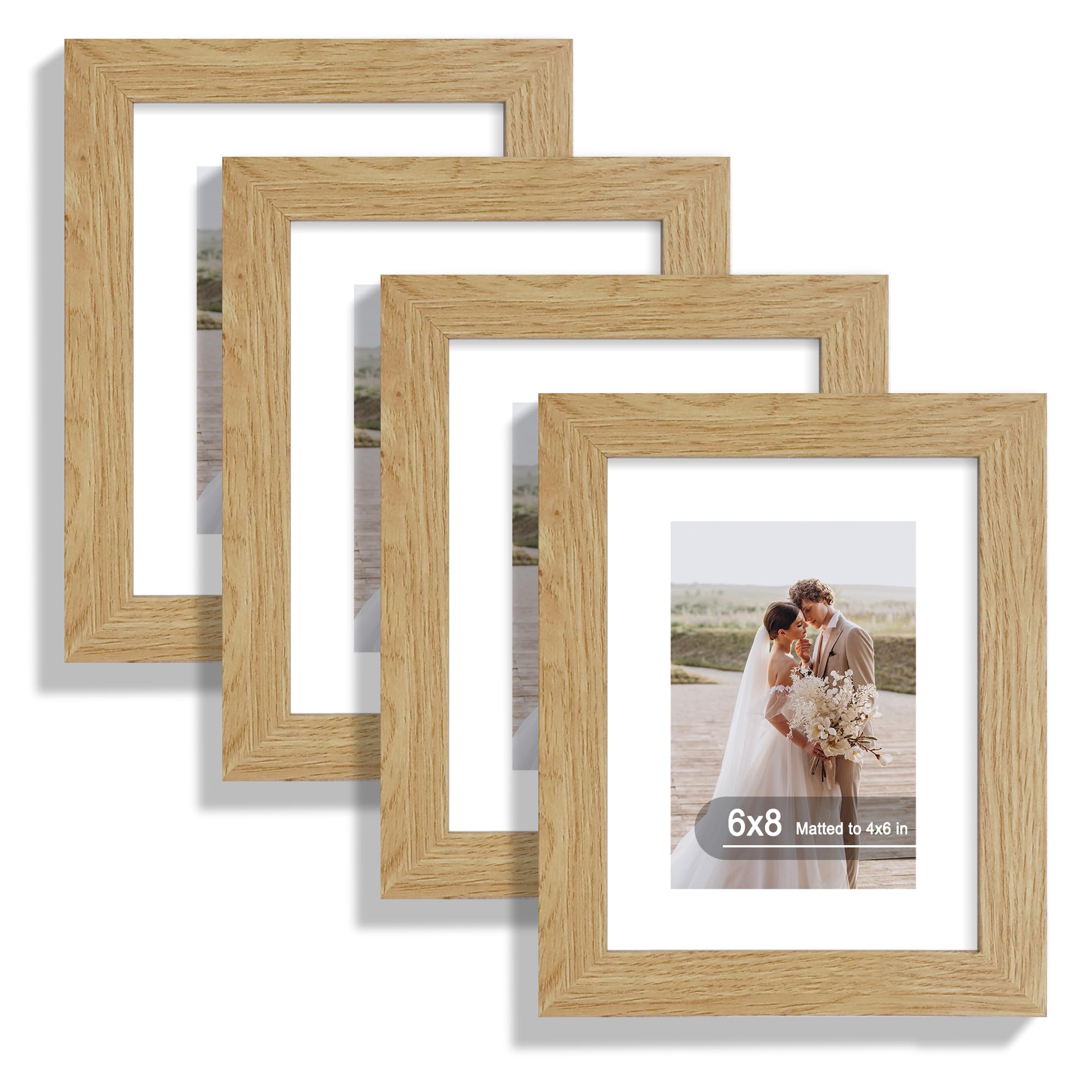 Hongkee 6x8 Picture Frame Set of 4, Made of Real Glass and Natural Oak Frame - Display Picture 4x6 with Mat or 6x8 Without Mat, 