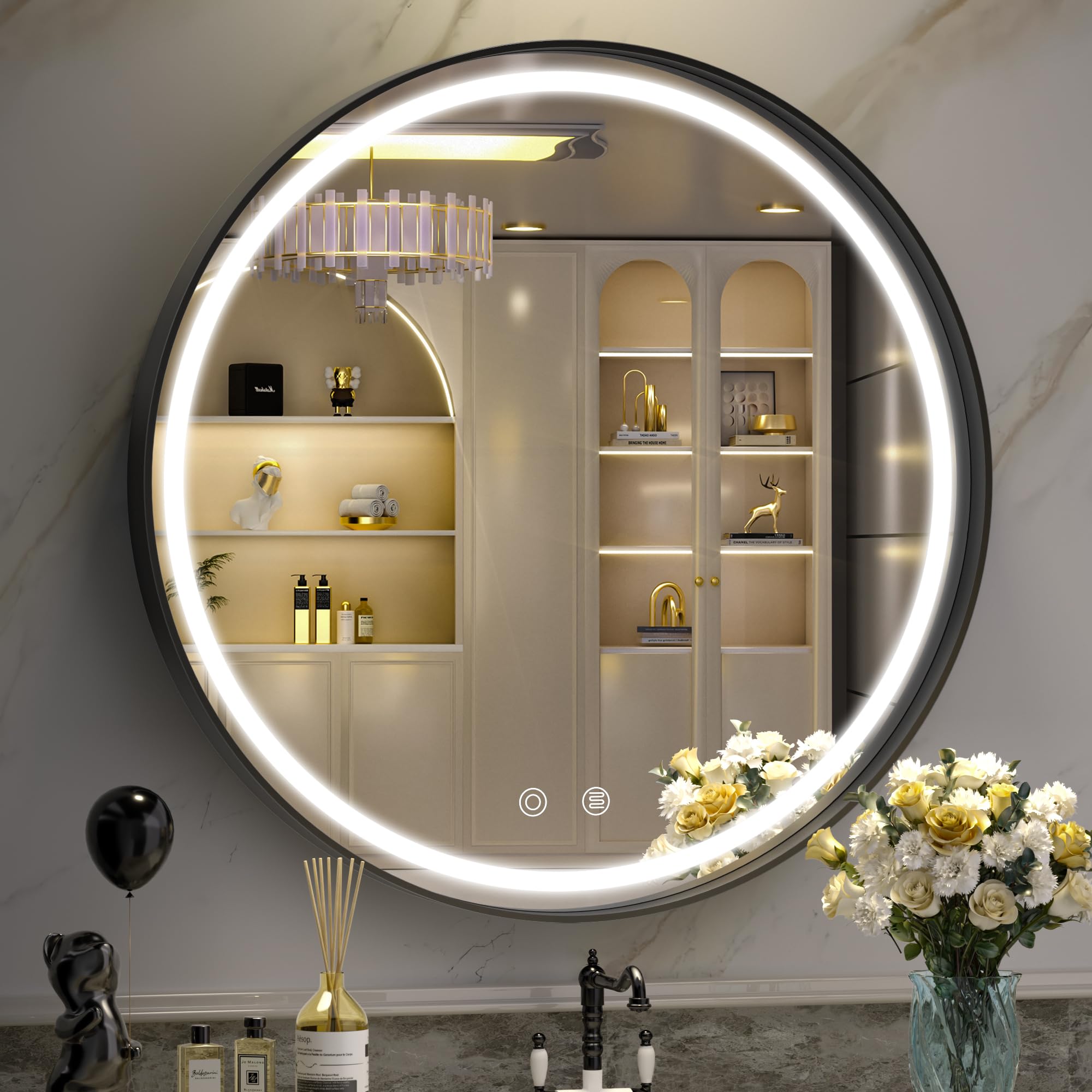 Hasipu 24 Round Led Mirror For Bathroom With Lights, Black Circle Vanity Mirror For Wall, Metal Framed Frontlit Bathroom Mirrors