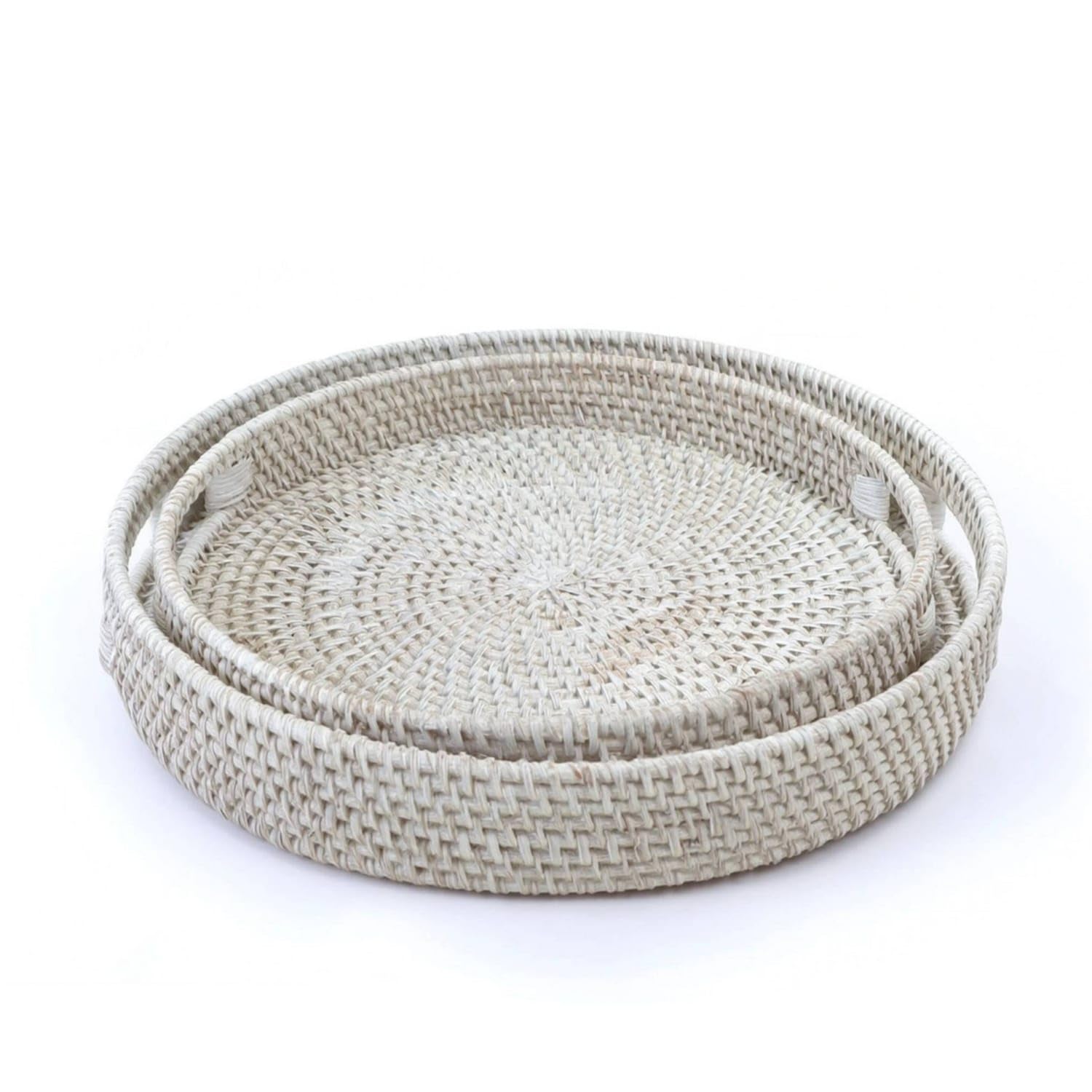 Zoomella 2 Pieces Shallow Round Rattan Tray Handwoven Serving Tray With Handles Hand Woven Rustic For Coffee Table, Tea Service,