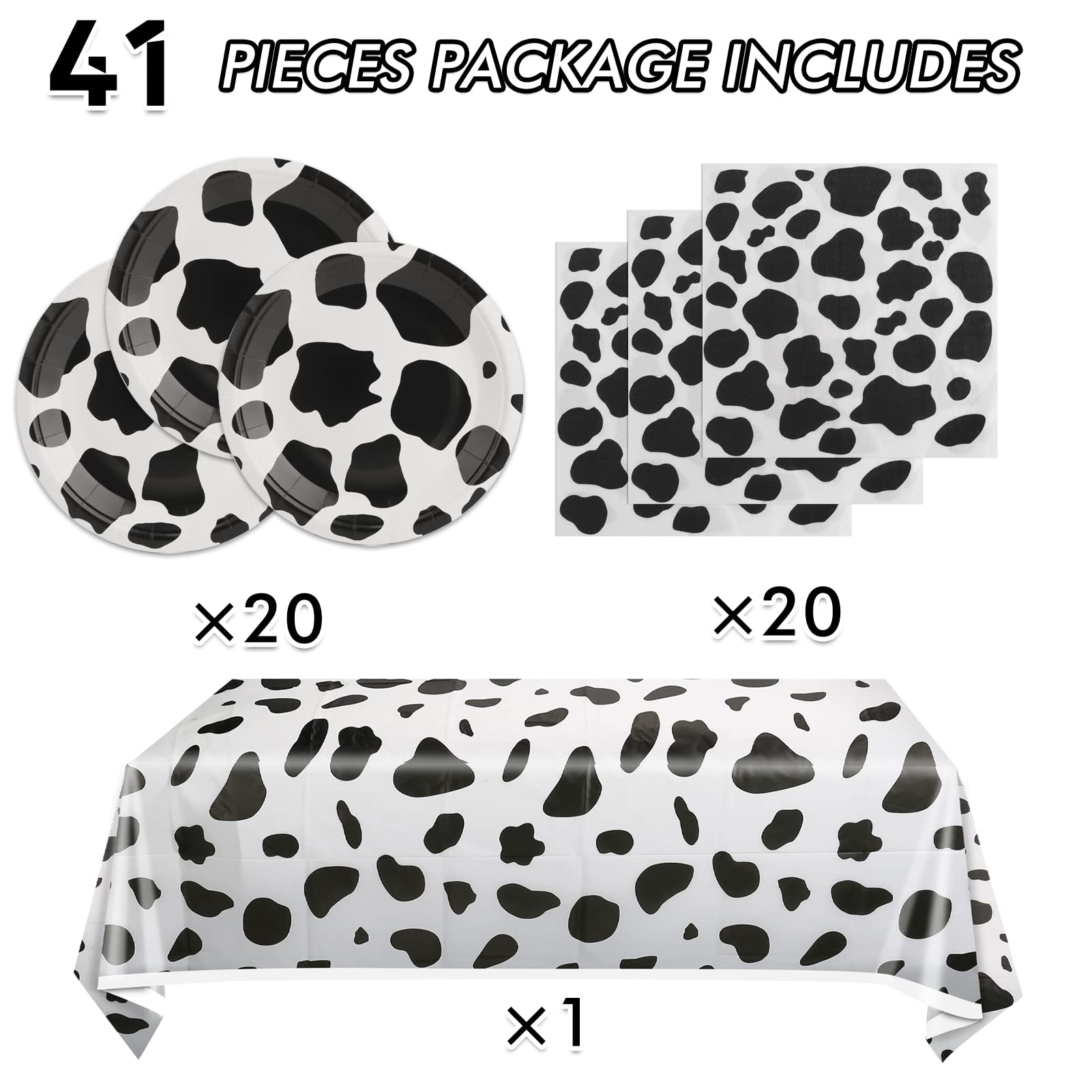 Juhap Cow Birthday Party Supplies - Farm Cow Print Birthday Party Tableware Includes 20 Party Plates  20 Napkins and 1 Tablecloth Perfect for Cow Farm Theme Birthday Parties Decorations
