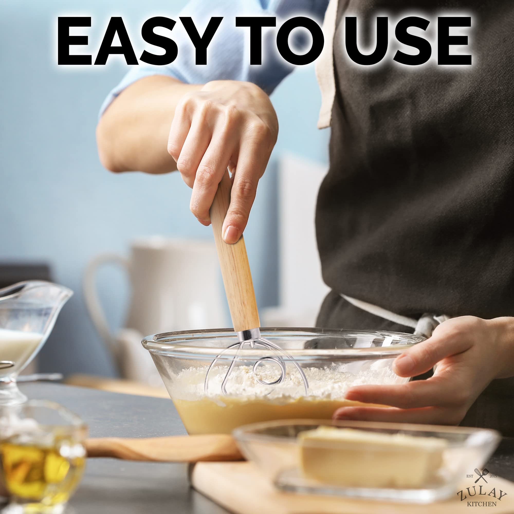 Zulay Kitchen 13-Inch Danish Dough Whisk - Wooden Danish Whisk For Dough With Stainless Steel Dough Hook - Traditional Dutch Whi