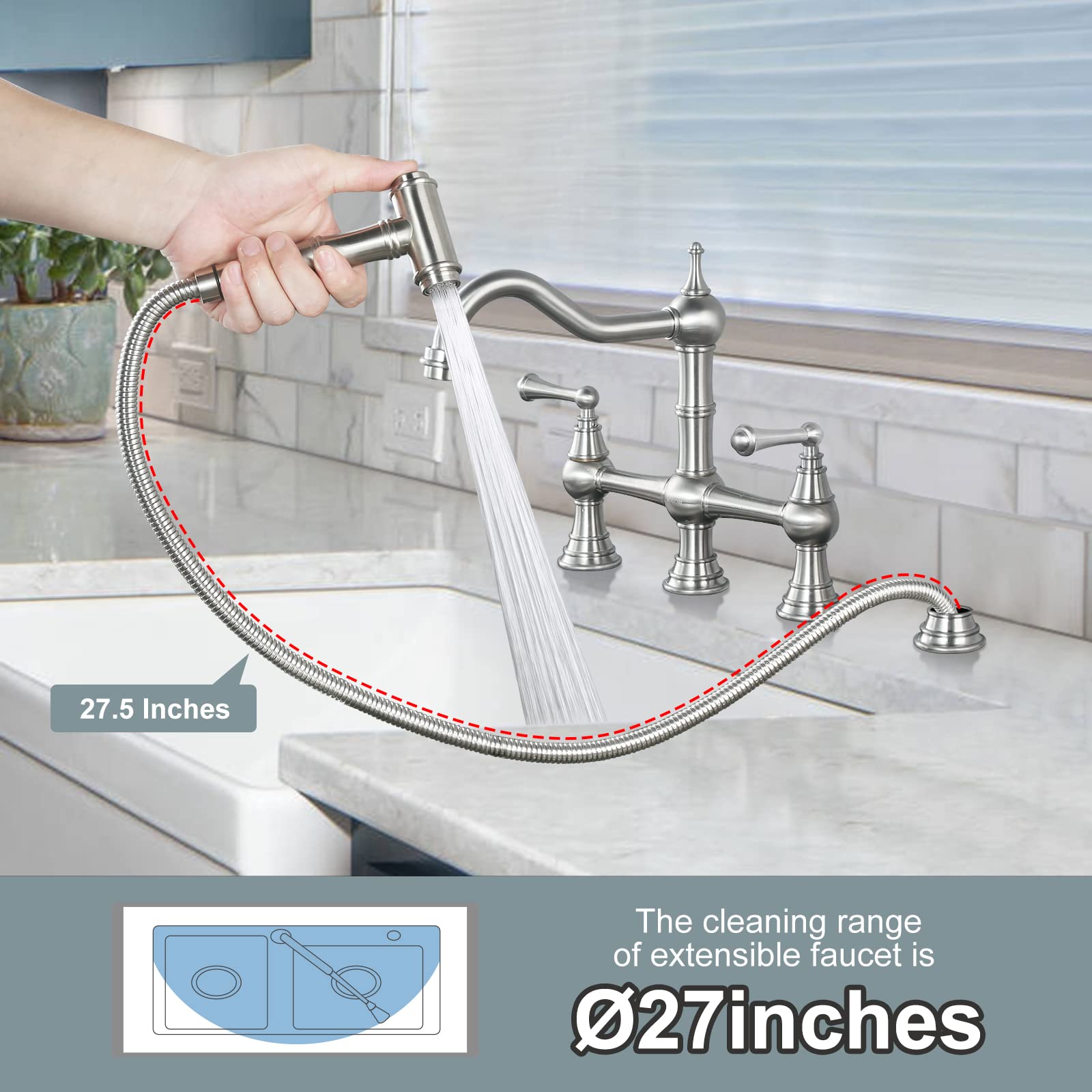 WOWOW 8 inch Centerset Bridge Kitchen Faucet with Brass Side Sprayer 2 Handles 4 Holes Antique Classic Heritage Deck-Mount Kitchen Sink Faucet  Brushed Nickel