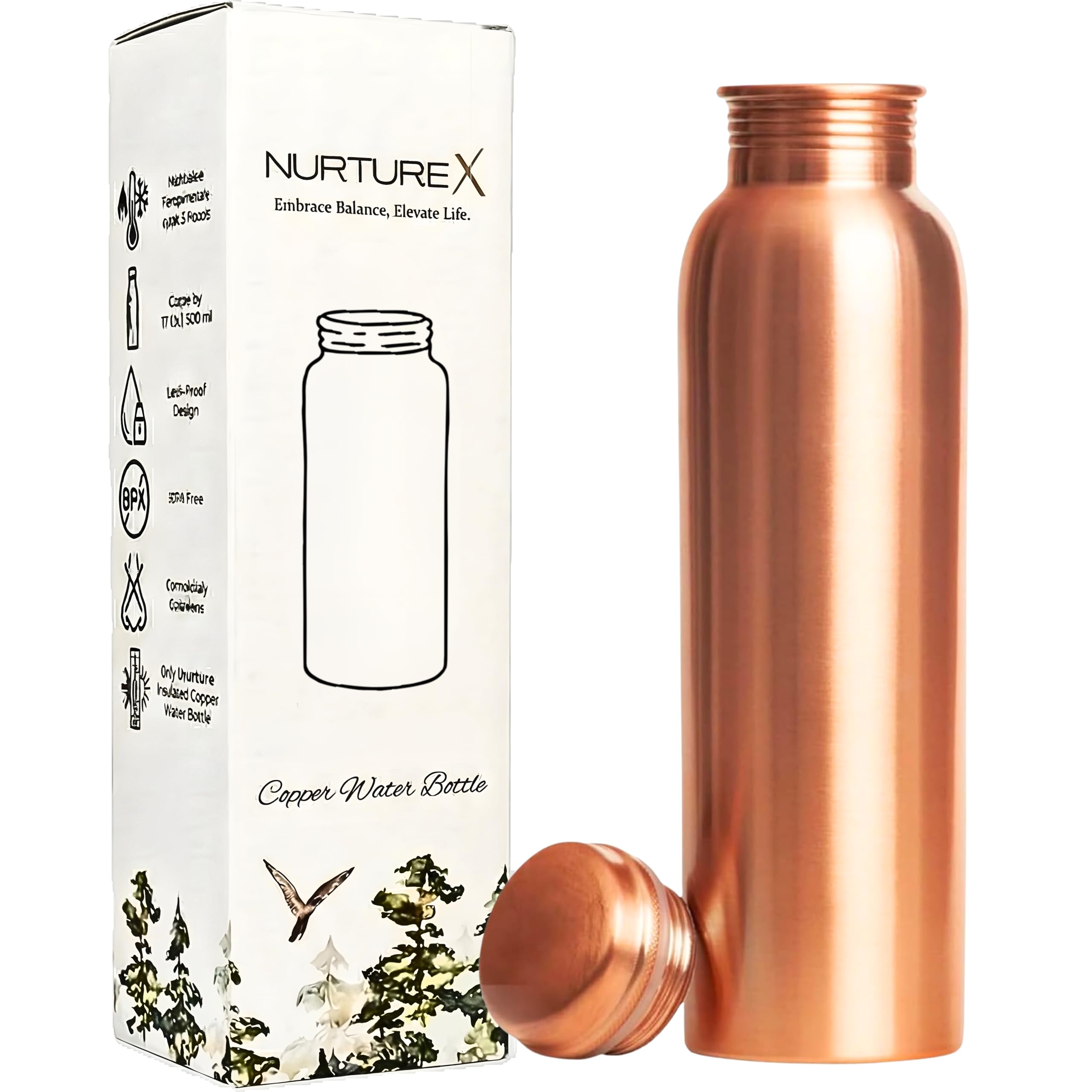 NurtureX Pure Copper Water Bottle for Drinking 1 L, AntiTarnish, Smooth