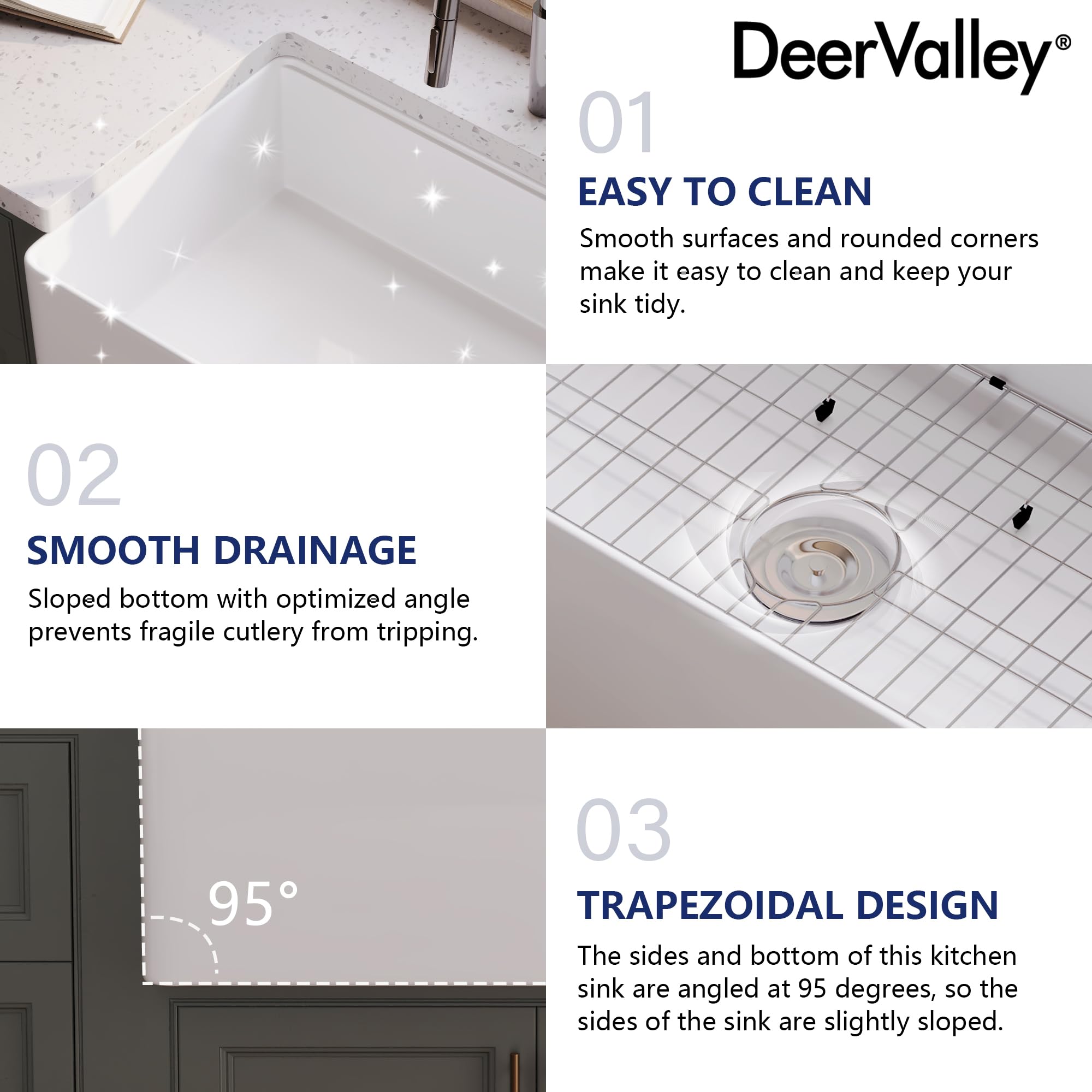 Deervalley 30 Inch Fireclay Farmhouse Kitchen Sink, White Farmhouse Sink, Single Bowl Undermount Kitchen Sink, Front Apron Sink,