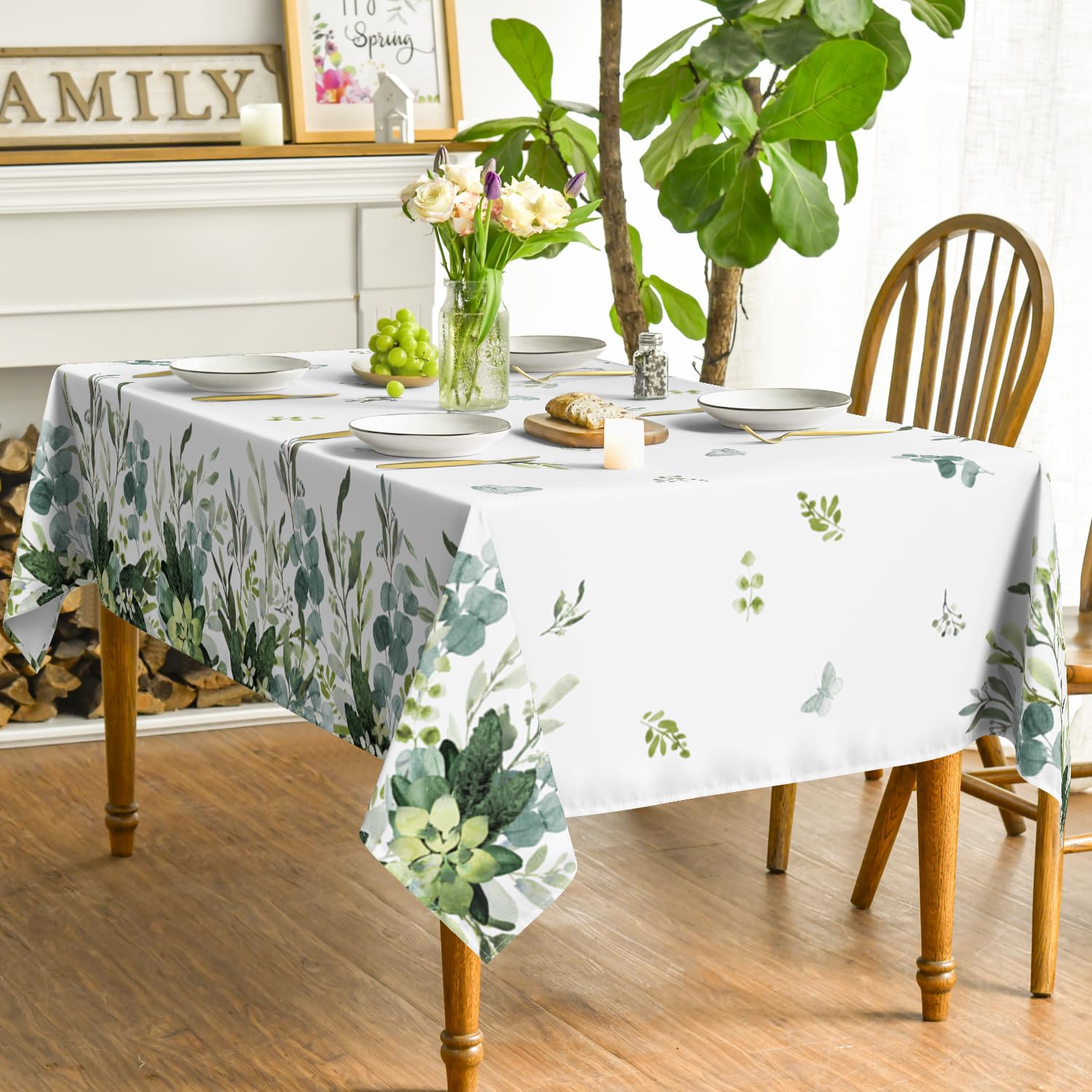 Horaldaily Spring Summer Tablecloth 60X84 Inch Rectangular, Eucalyptus Floral Table Cover For Party Picnic Dinner Decor