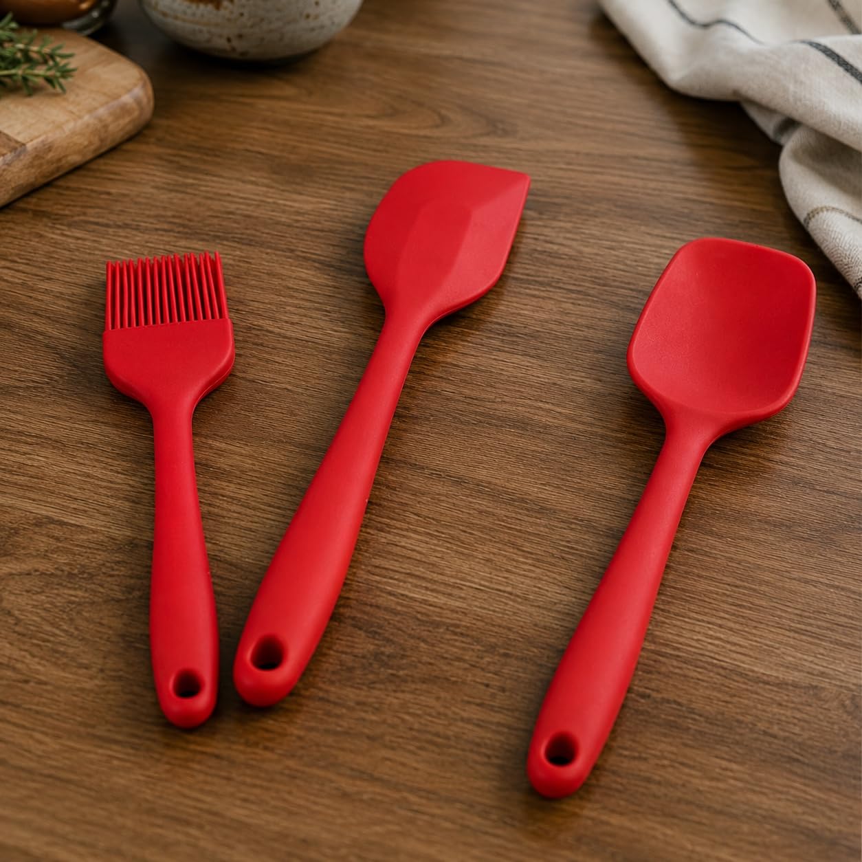Esselkay Silicone Kitchen Utensil Set, Red, Heat Resistant, Bpa Free, Spatula, Basting Brush & Cooking Spoon, 3 Pieces