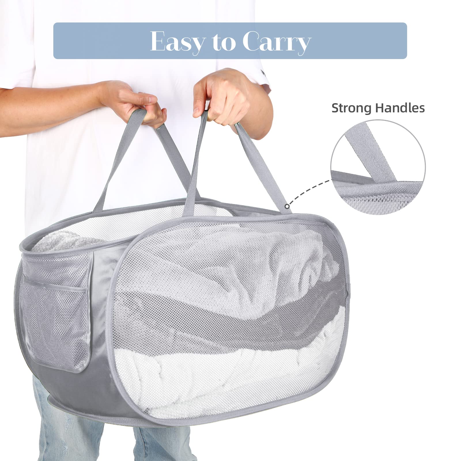 4 Pack Durable Collapsible Laundry Baskets, Mesh Foldable Laundry Basket, Pop Up Laundry Hamper With Pocket, Clothes Hamper With