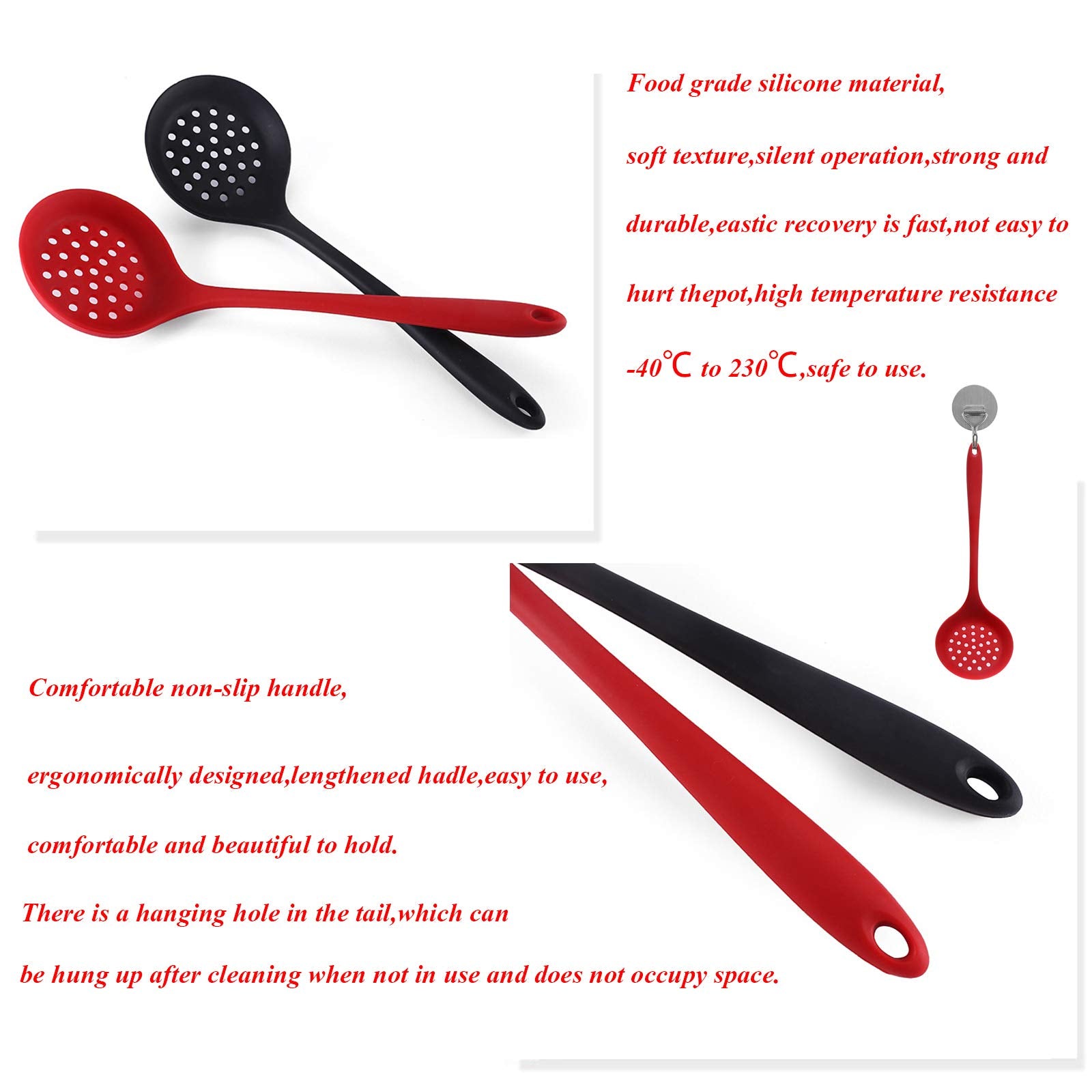 Silicone Skimmer Spoon Set 2, Non-Stick Cooking Slotted Colander Spoon Skimmer Strainer, Kitchen Sink Ladle Strainer Silicone Fi