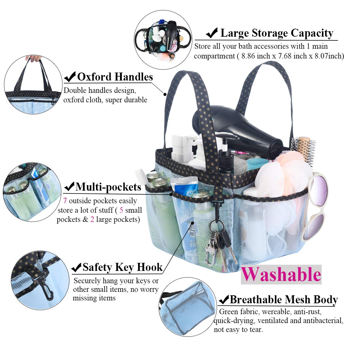 Haundry Mesh Shower Caddy Bag, Portable Shower Caddy Tote Organizer With 8 Pockets For College Dorm Room Essentials, Beach, Swim