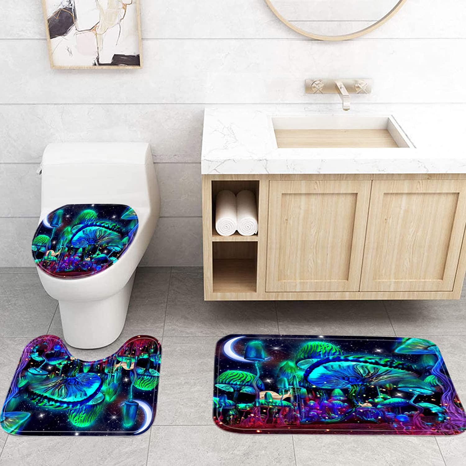 Jieprom 4Pcs Mushroom Bathroom Shower Curtain Set With Rugs, Toilet Lid Cover And Bath Mat, Moon And Stars With 12 Hooks, Durabl