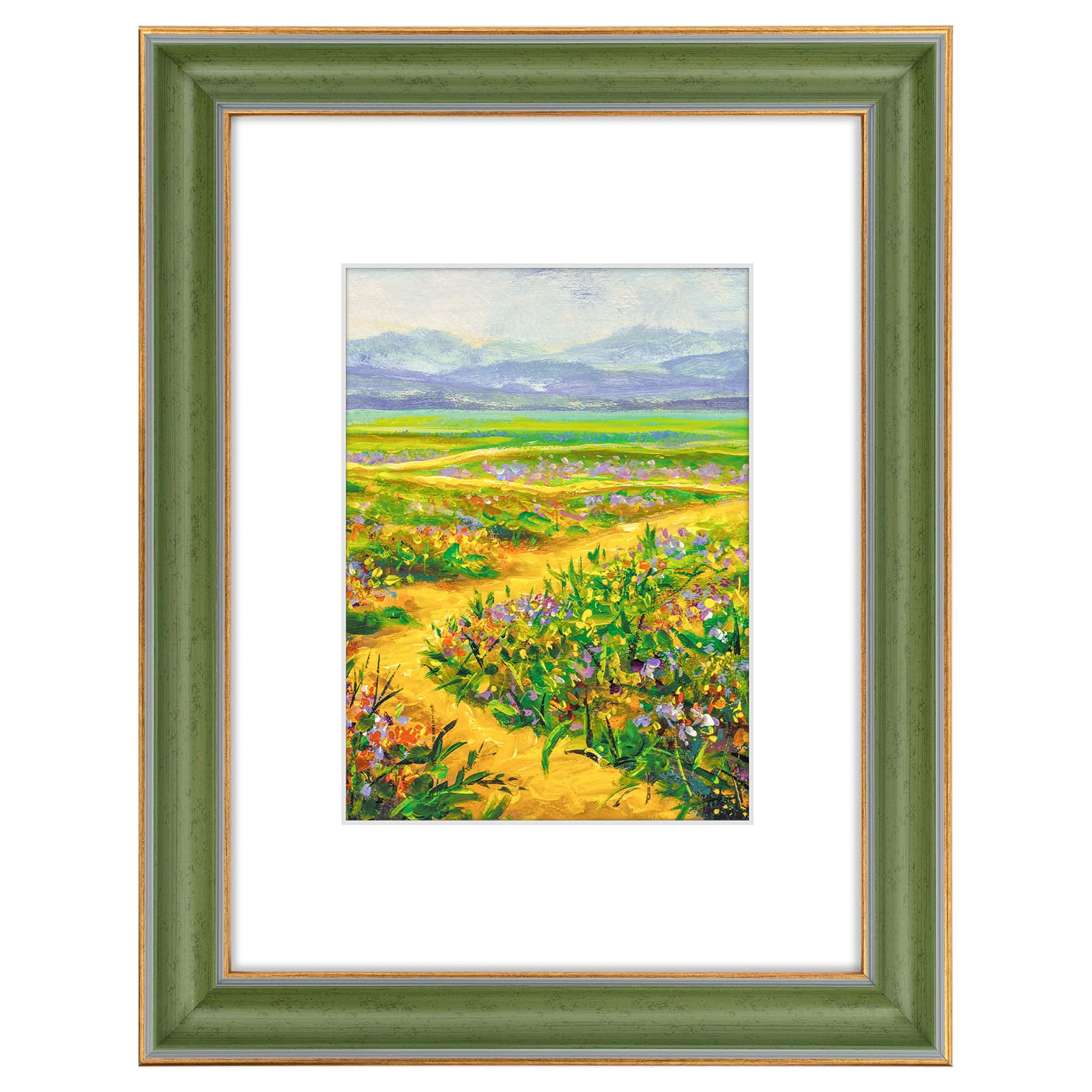 Golden State Art, 9x12 Photo Frame With Mat for Pictures 6x8 and Real Glass (Green With Gold Trim - White Color Mat, 1.25 Inch F