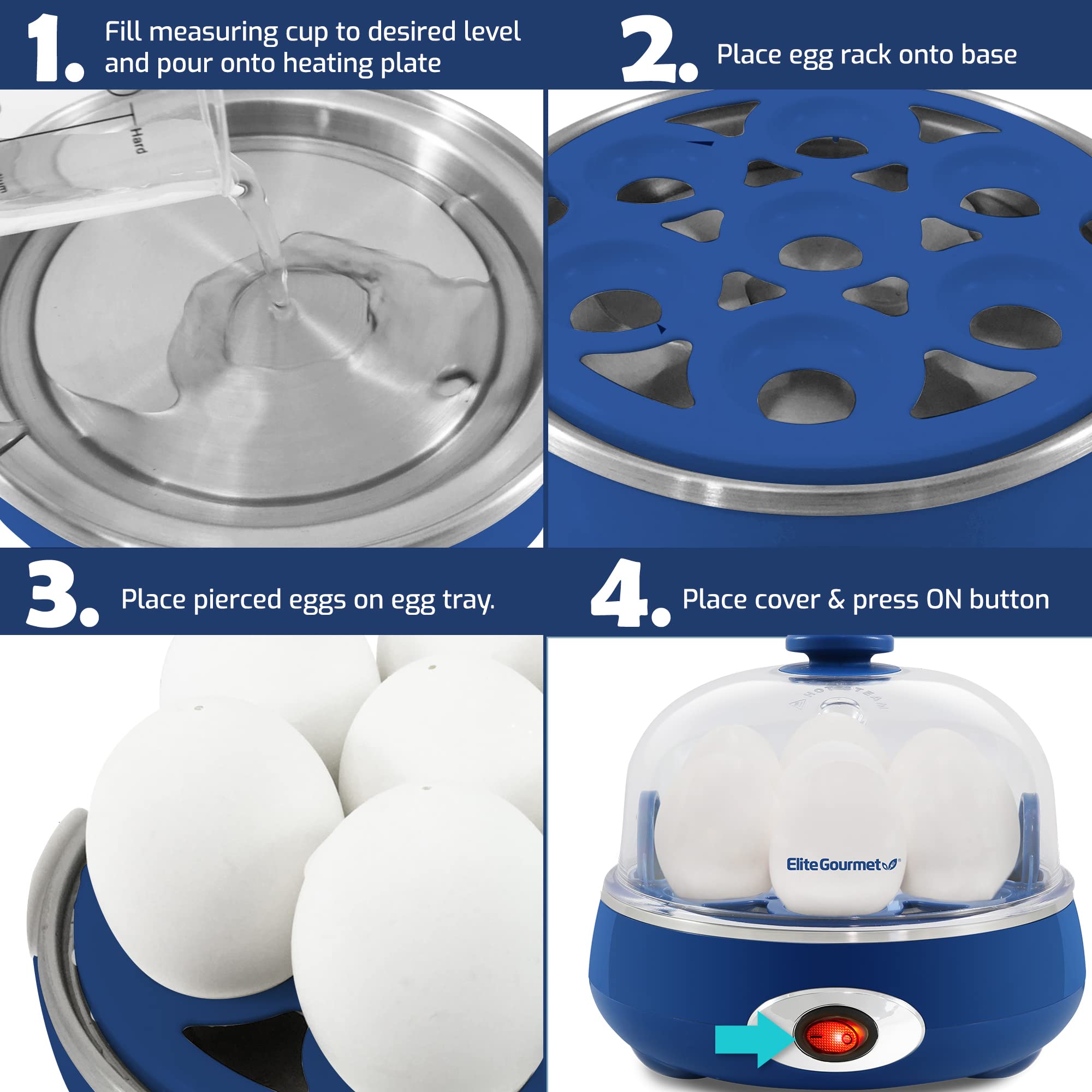 Elite Gourmet Easy Egg Cooker EGC322CBL - 7-Egg Capacity, Auto Shut-Off, BPA Free, Classic Blue