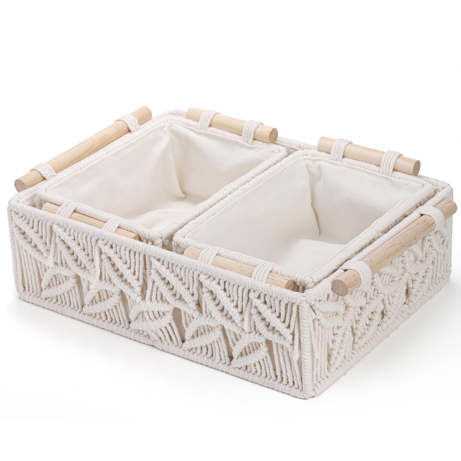 Zoofox Set Of 3 Macrame Storage Basket, Handmade Woven Boho Basket With Cloth Liner And Wooden Handles, Decorative Toilet Tank S
