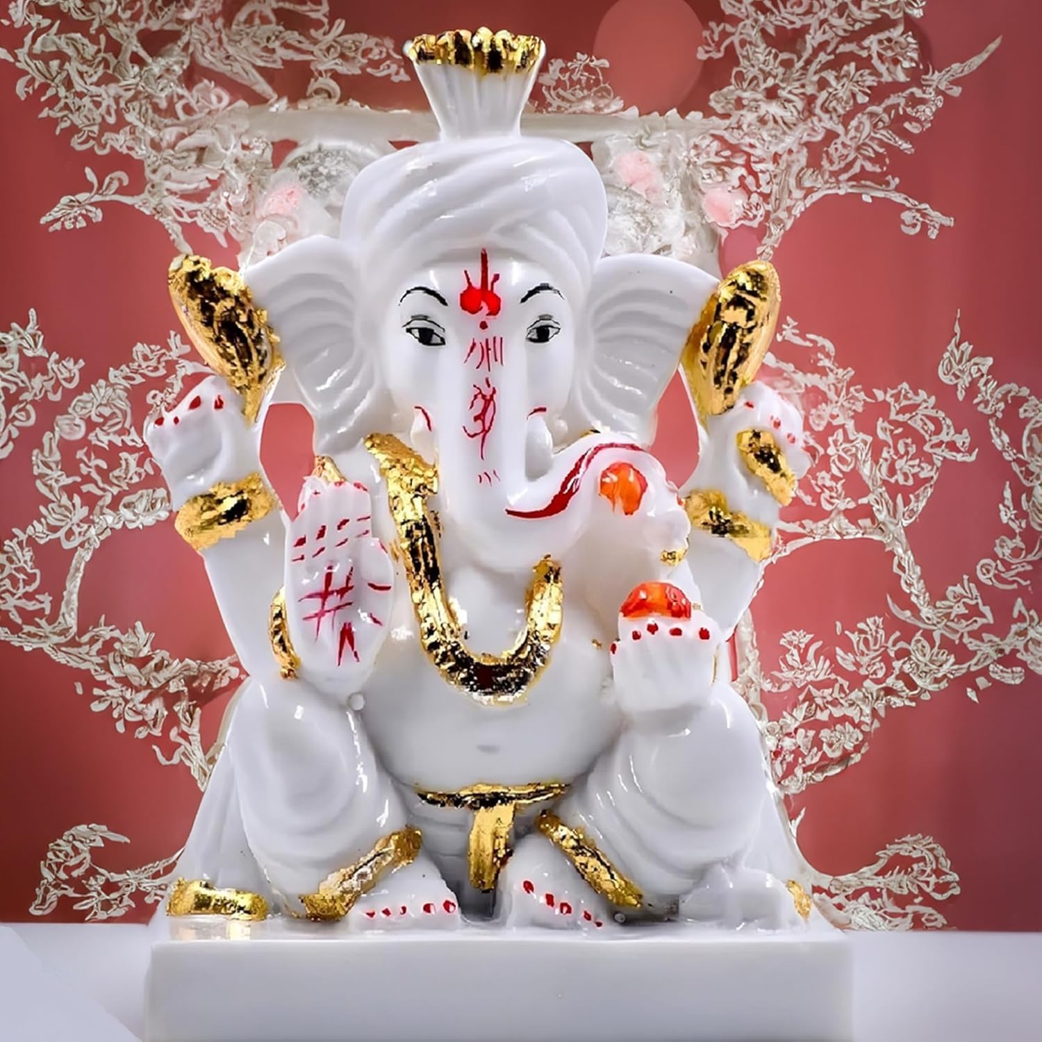 Seema Handicraft Pagadi Ganesh Idol White And Gold, Marble For Home, Office, Gift, Good Luck, Lord Ganesha