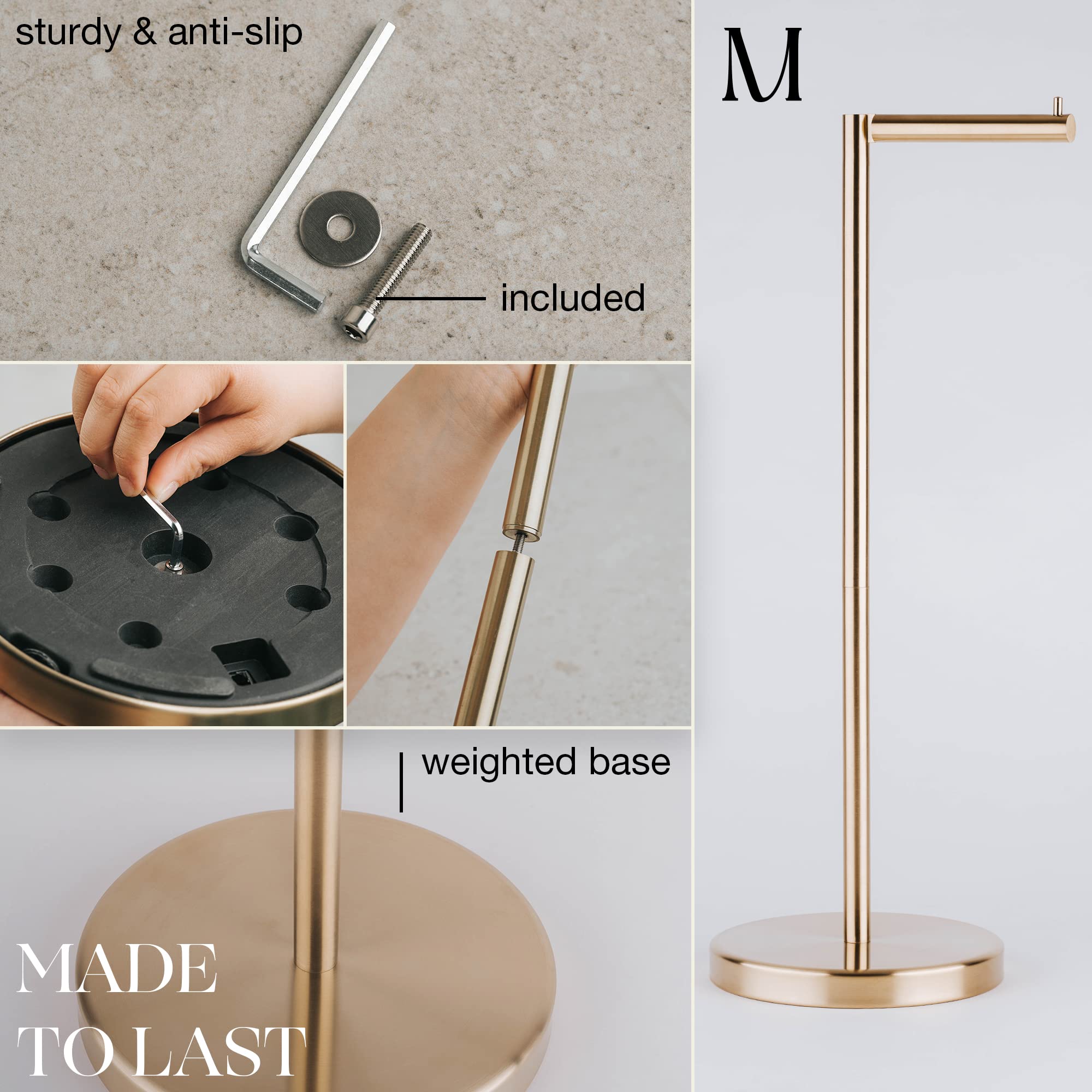 MARMOLUX ACC Free Standing Toilet Paper Holder Stand with Storage for 4 Rolls of Toilet Tissue for Bathroom  Stainless Steel Luxury Brushed Gold
