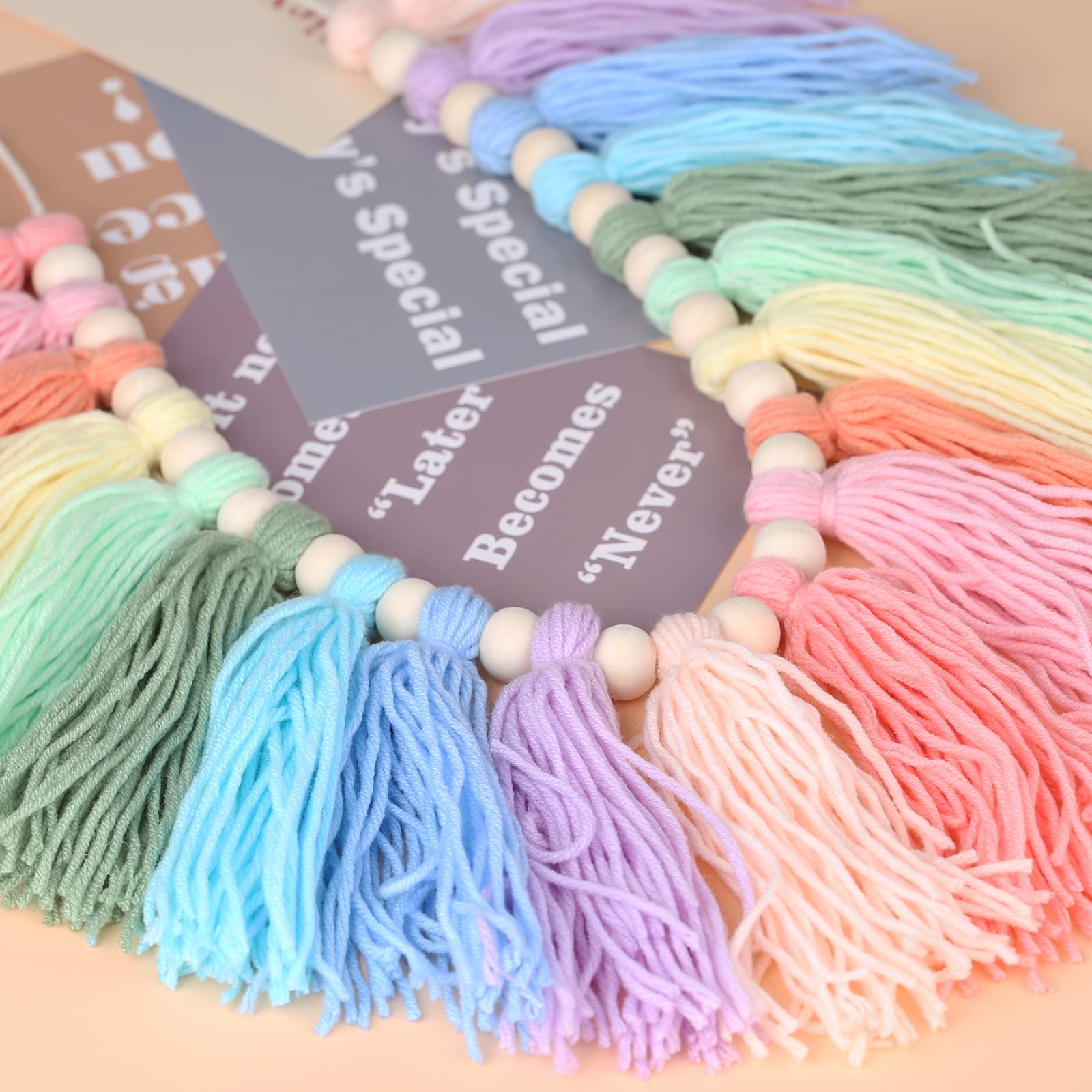 Pastel Rainbow Tassel Garland - Boho Tassel Garland with Wood Beads - Wall Decor for Dorm, Girls Room and Nursery Room for Home