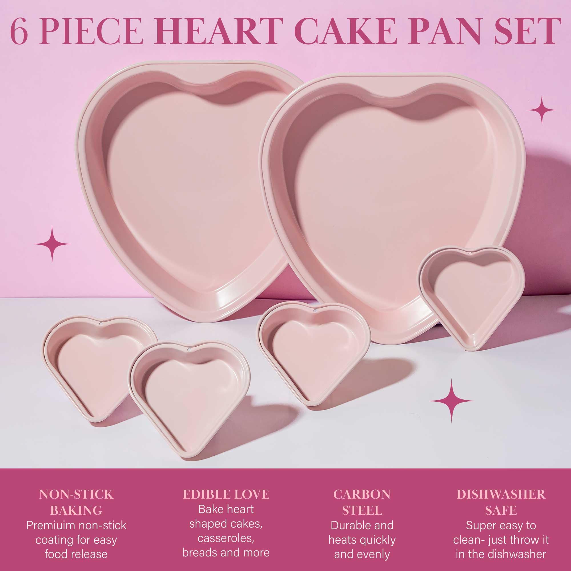 Paris Hilton Heart Shaped Bakeware Set, Carbon Steel, 6-Piece, Dishwasher Safe, Pink