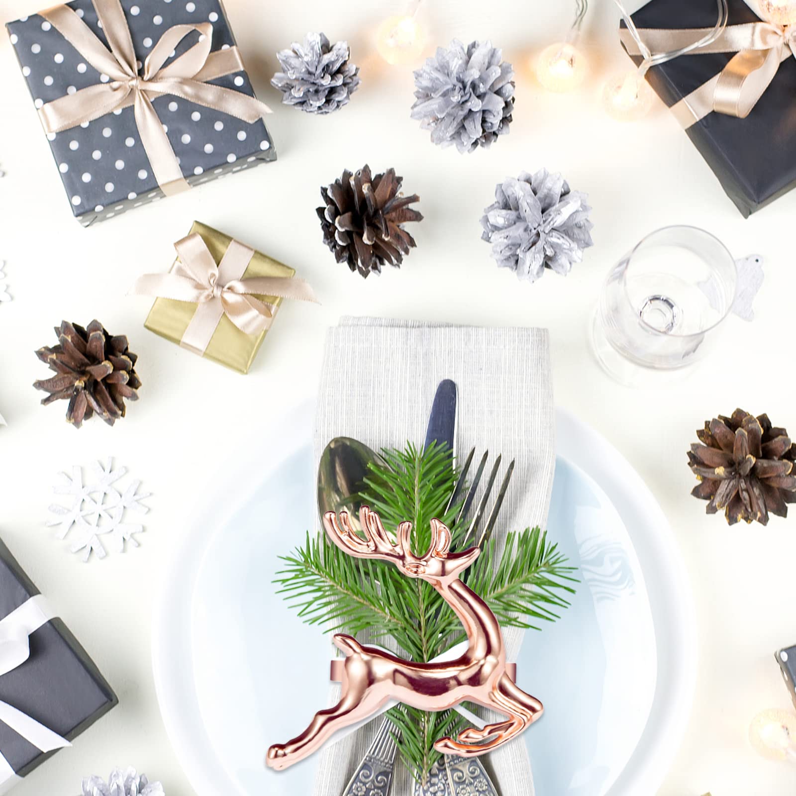 Zeedix Set Of 8 Rose Gold Elk Chic Napkin Rings For Christmas Dinning Table Setting-Wedding Receptions, Christmas, Thanksgiving