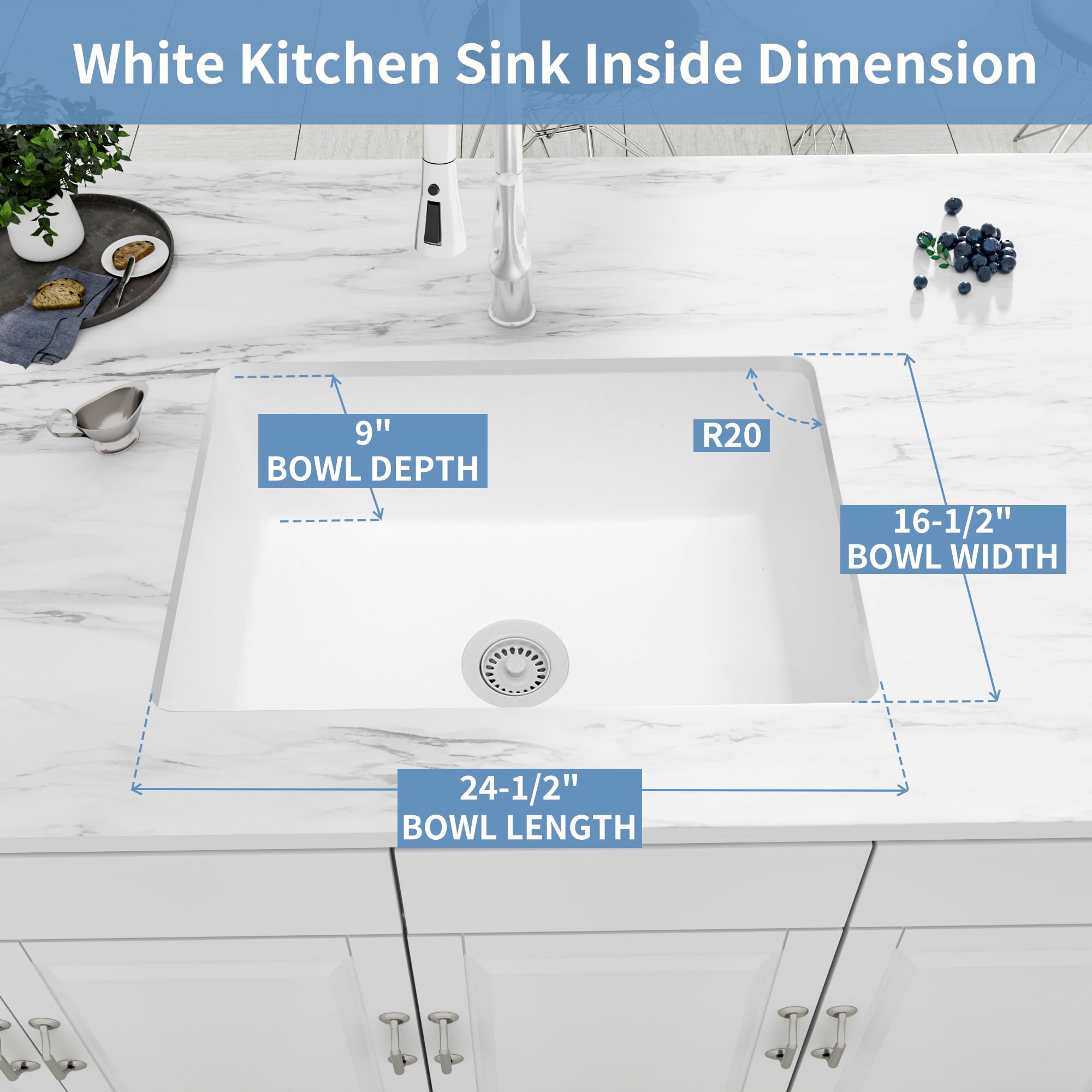 Monsinta Undermount Kitchen Sink, 27 Inch White Granite Composite Sink, Kitchen Sink, Small Kitchen Sink With Accessories, Grani