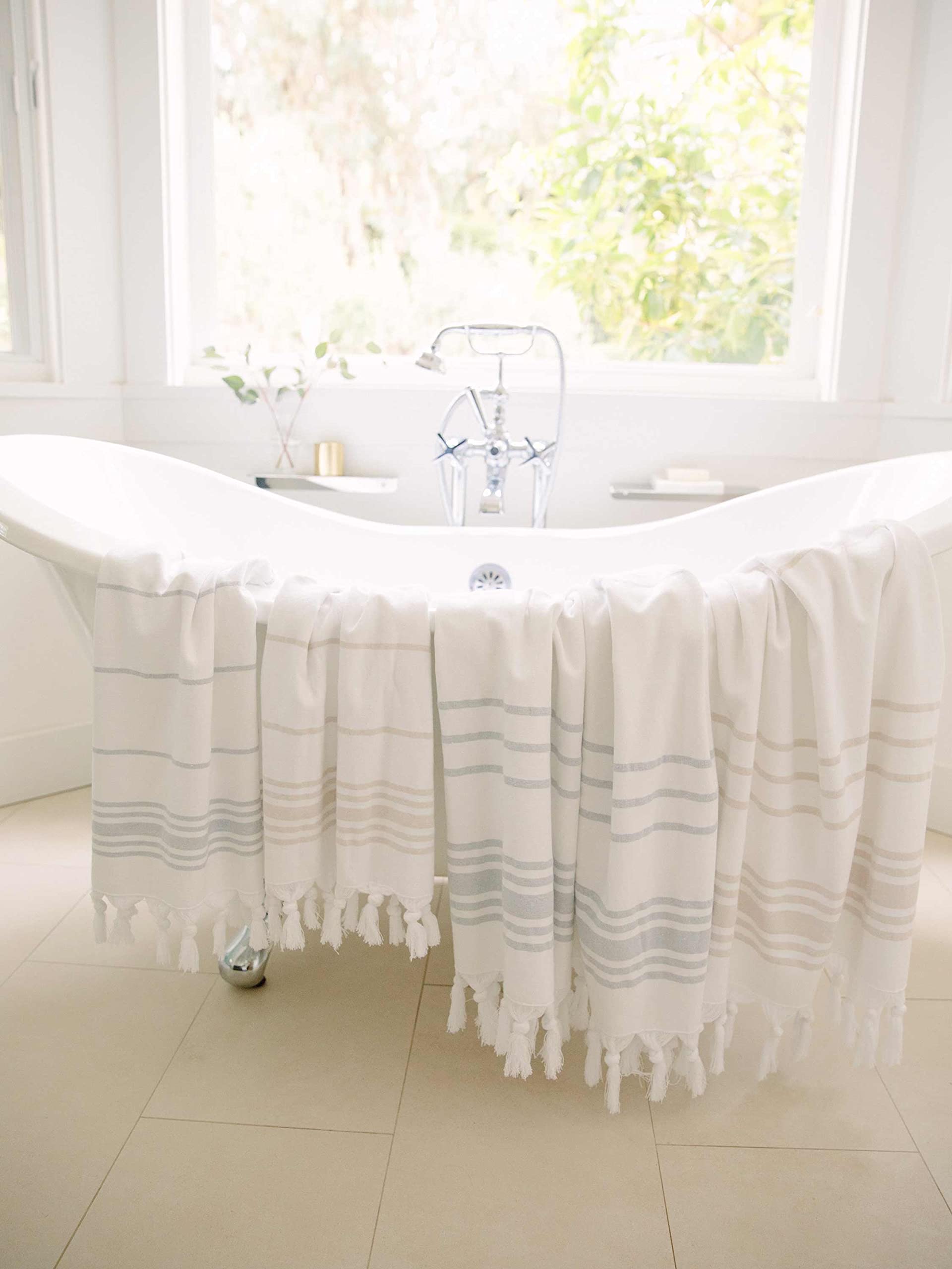 Laguna Beach Textile Co. Soft Turkish Fouta Beach Towel - White & Dune Tan, 400 Gsm