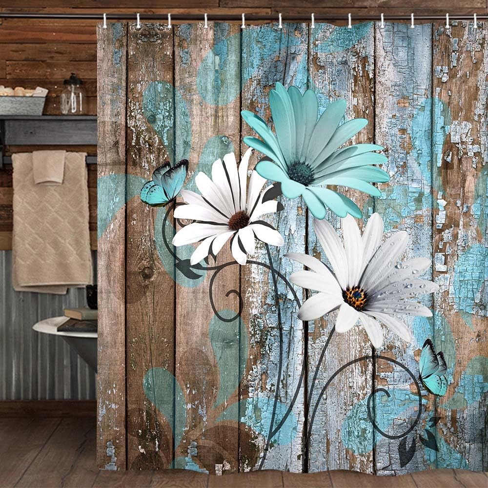 Jawo Farmhouse Flower Floral Shower Curtain, Rustic Teal Turquoise Daisy Shower Curtain Set, Country Blue Wild Garden Plant Fabr