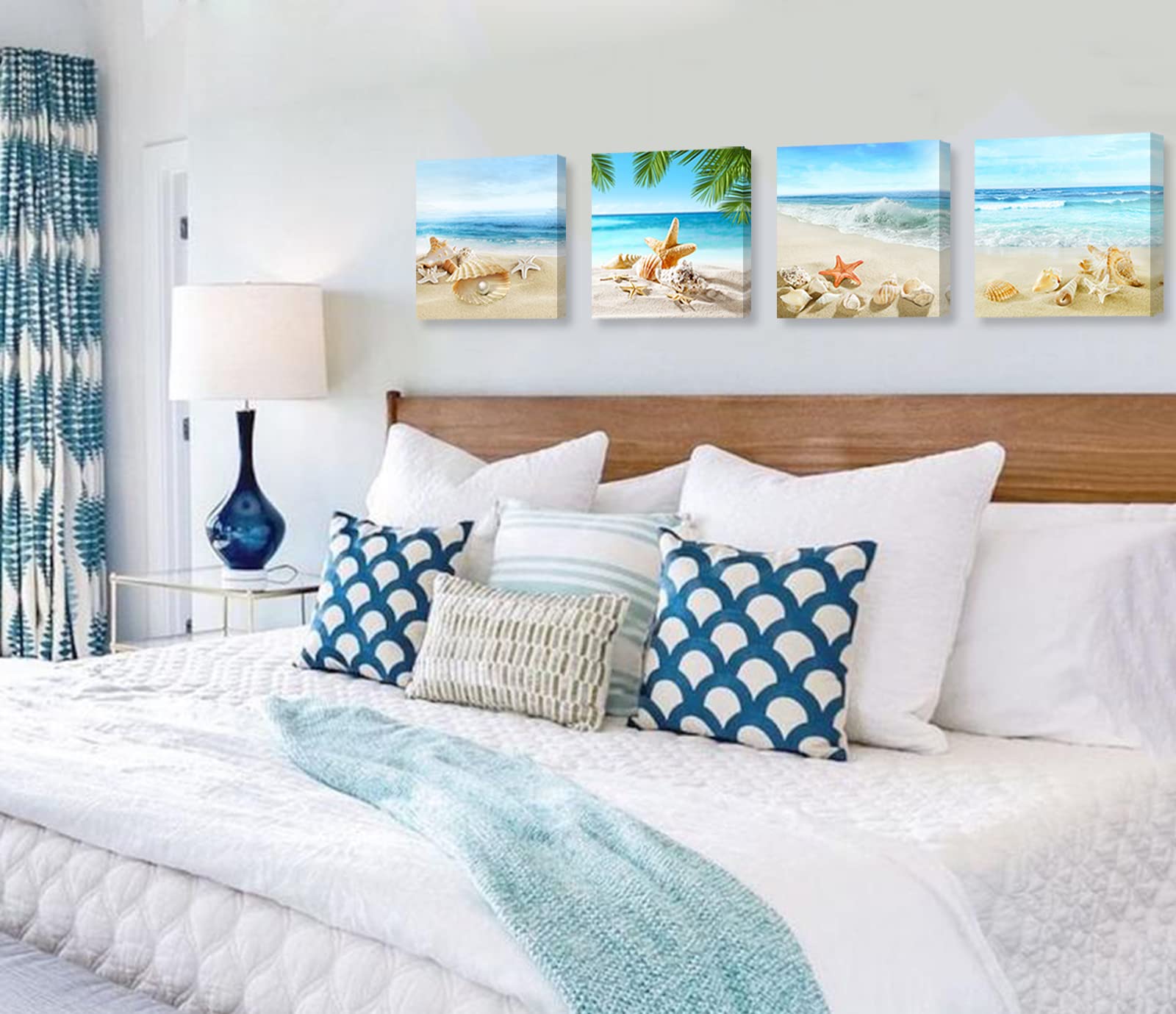 JiazuGo Beach Wall Art Bathroom Paintings Decor Seashell Starfish Nature Canvas Pictures Blue Ocean Theme Decorations Posters Contemporary Nautical for Bedroom