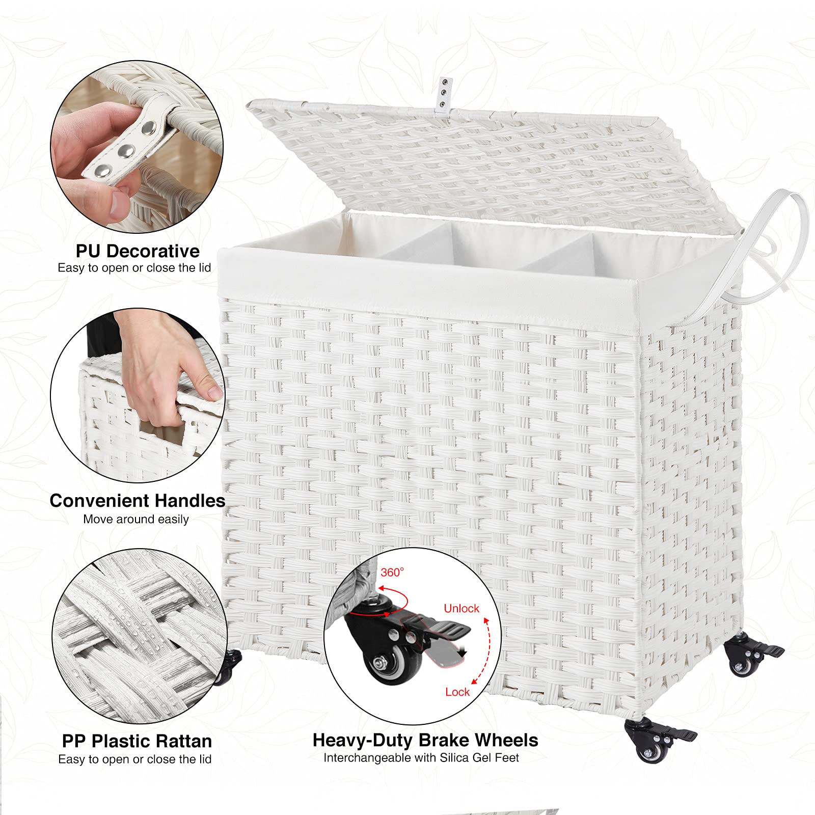 Greenstell Laundry Hamper With Wheels&Lid, 140L Large 3 Sections Clothes Hamper With 2 Types Removable Liner Bags, 5 Mesh Laundr