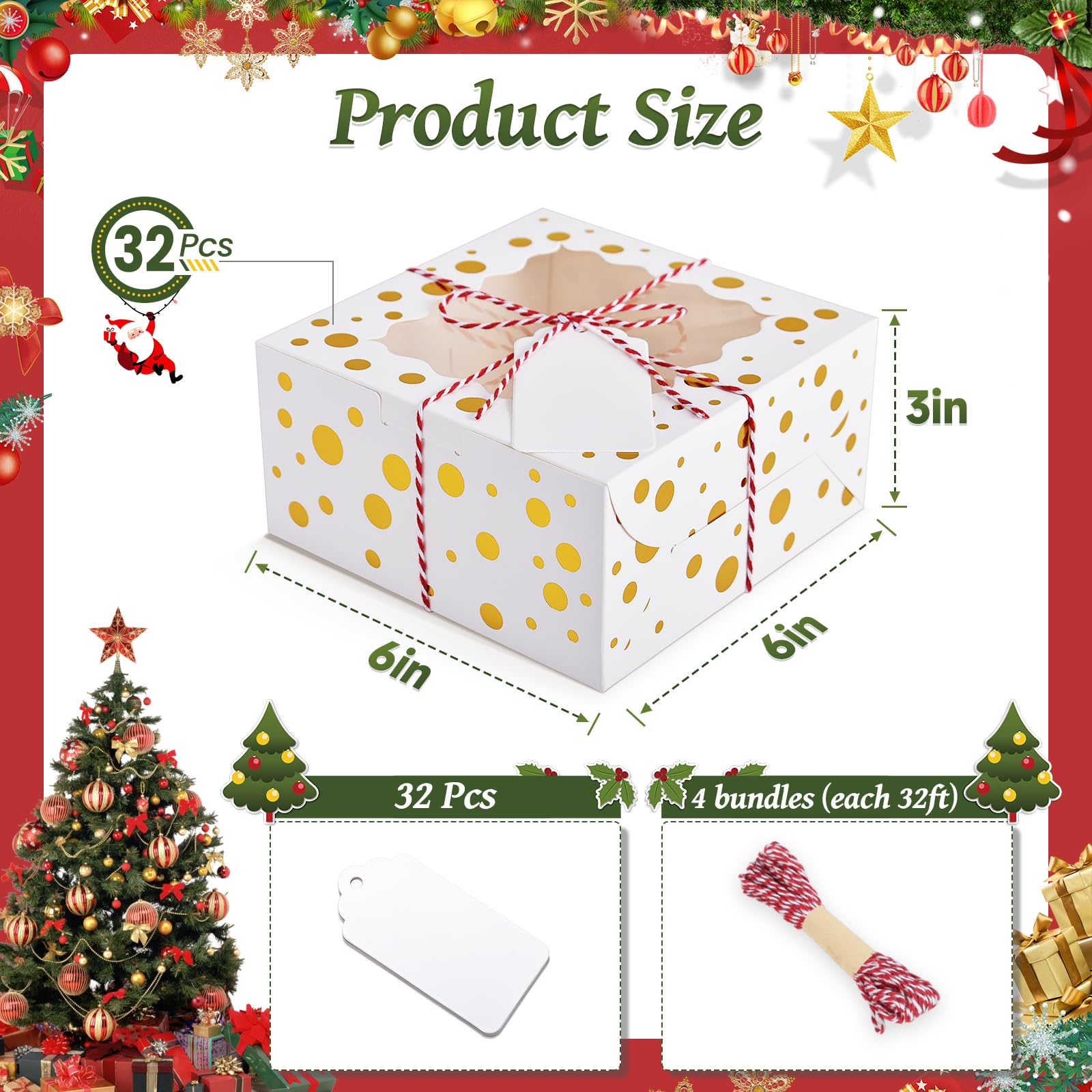 DOYIDE 32Pcs 6x6x3 in Christmas Cookie Boxes with Window, White Bakery Boxes for Cookie, Treat Boxes Pastry Boxes for Gift Givin