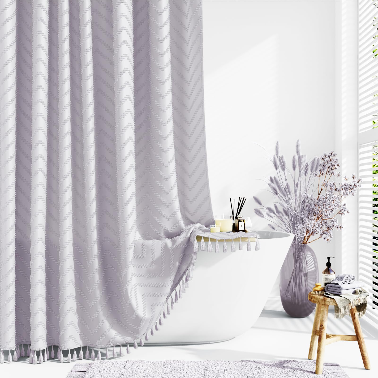 Dynamene Boho Farmhouse Shower Curtain, Lavender Fabric Tufted Chevron Striped Textured Tassel Shower Curtains For Bathroom, Sha